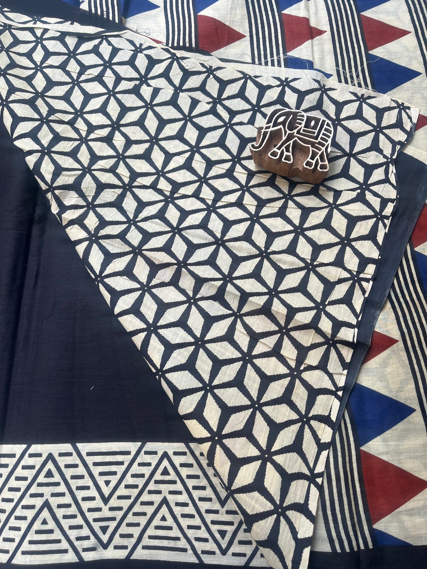 Contemporary Ajrakh Mul Cotton Saree - Black