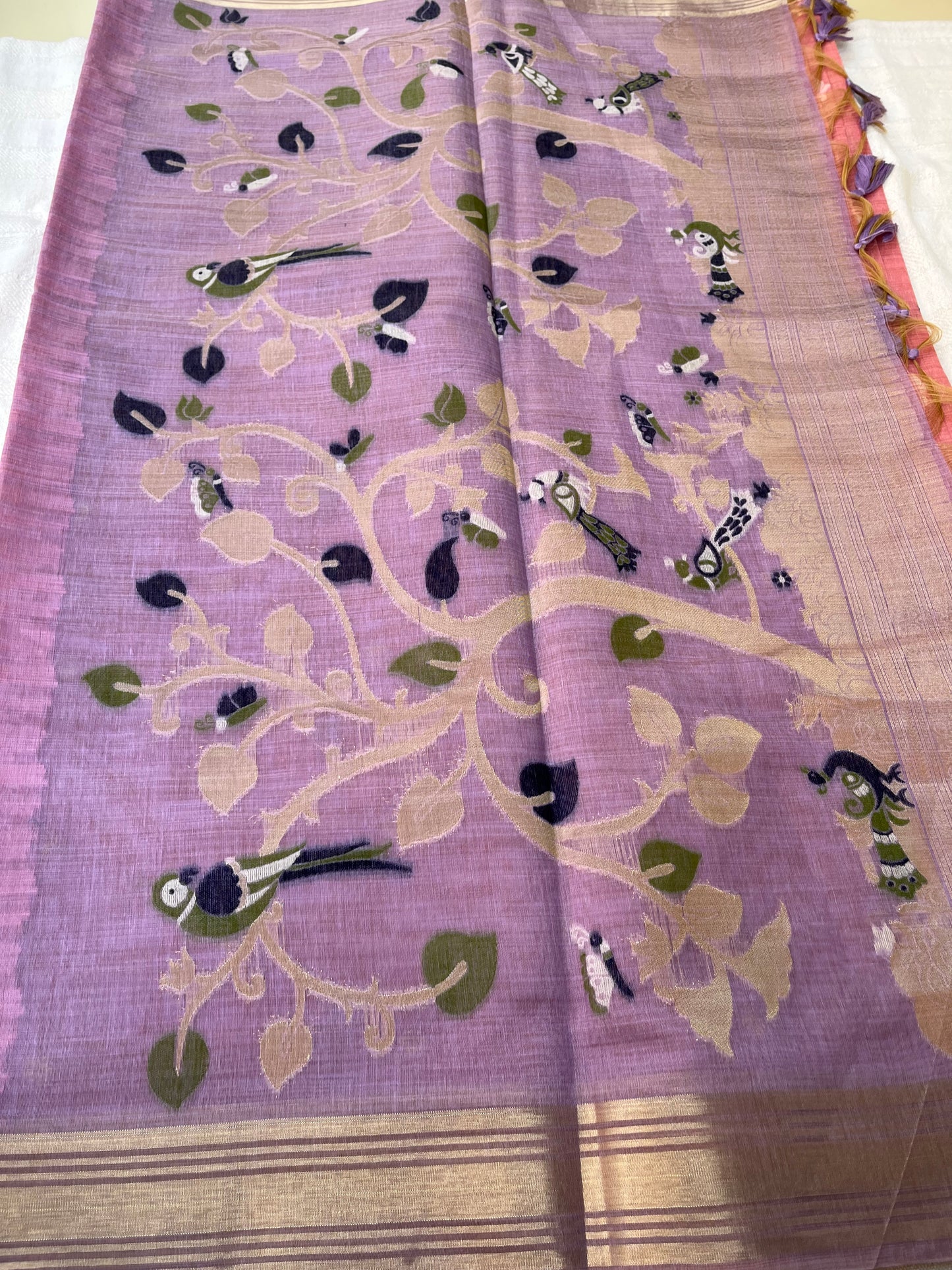 Chanderi Cotton Jamdani Saree - Pink-Mauve Baghaan