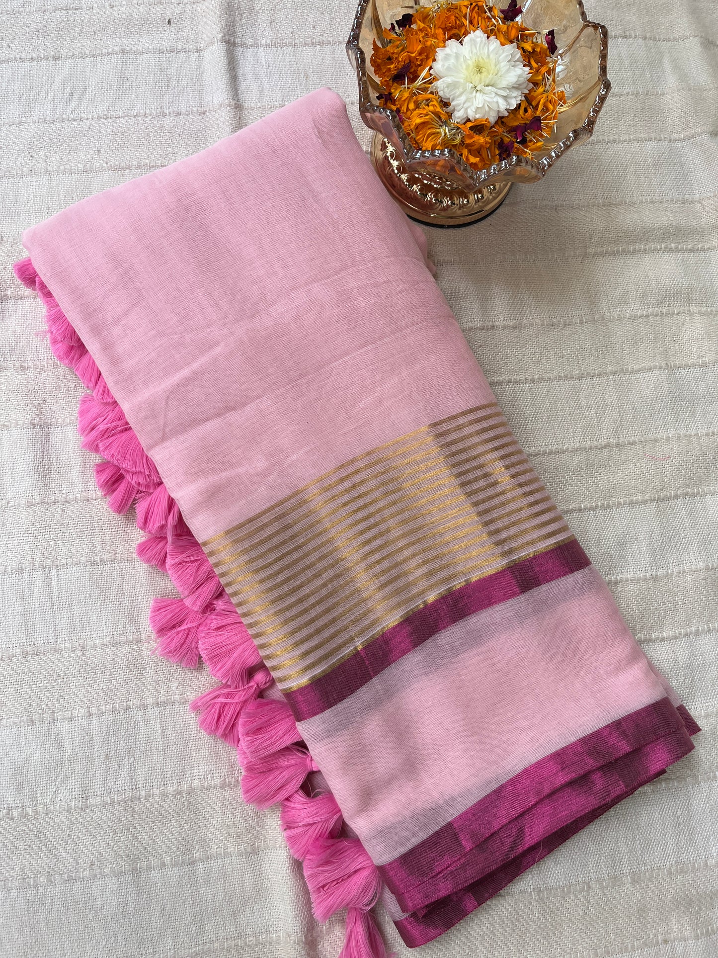 Zari Mul Cotton Saree - Baby Pink with Magenta Border (No Blouse piece)