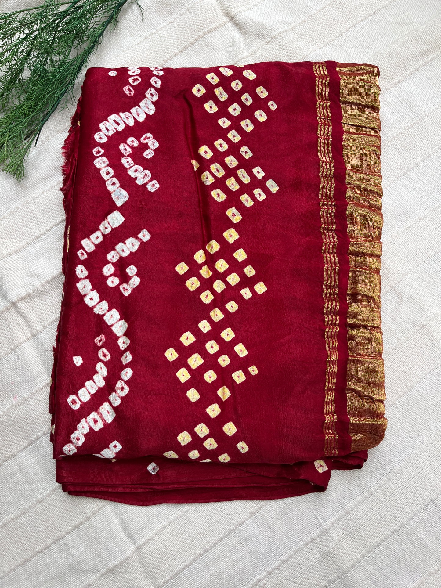 Bandhani Modal Silk saree with Tissue Palla - Deep Red with White Yellow Dot Bandhej