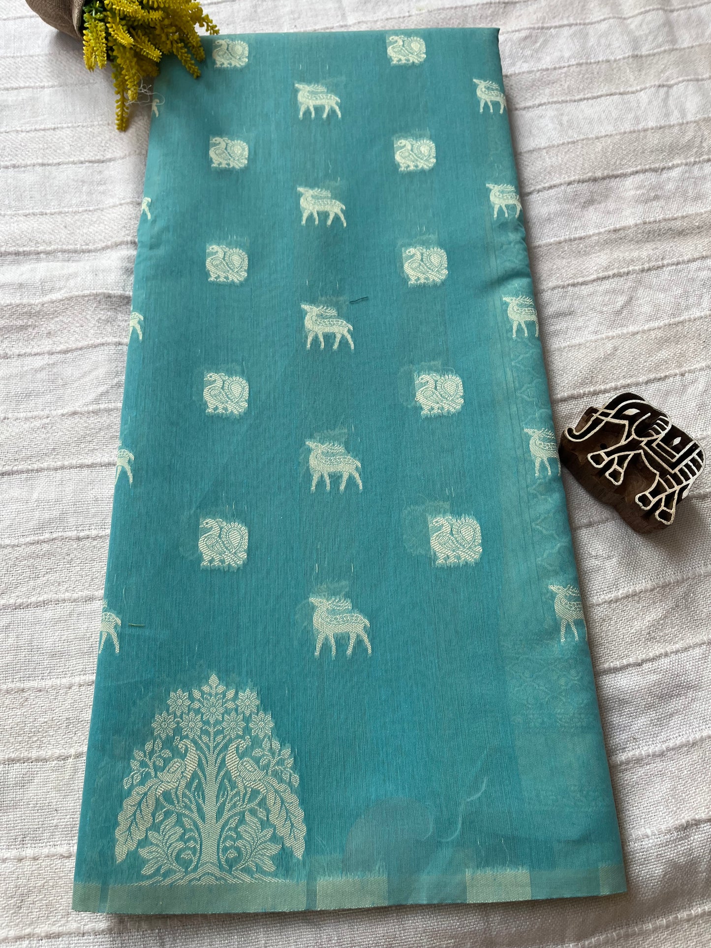 Mercerised Cotton Saree with Dear & Peacock Weaving - Aqua Blue