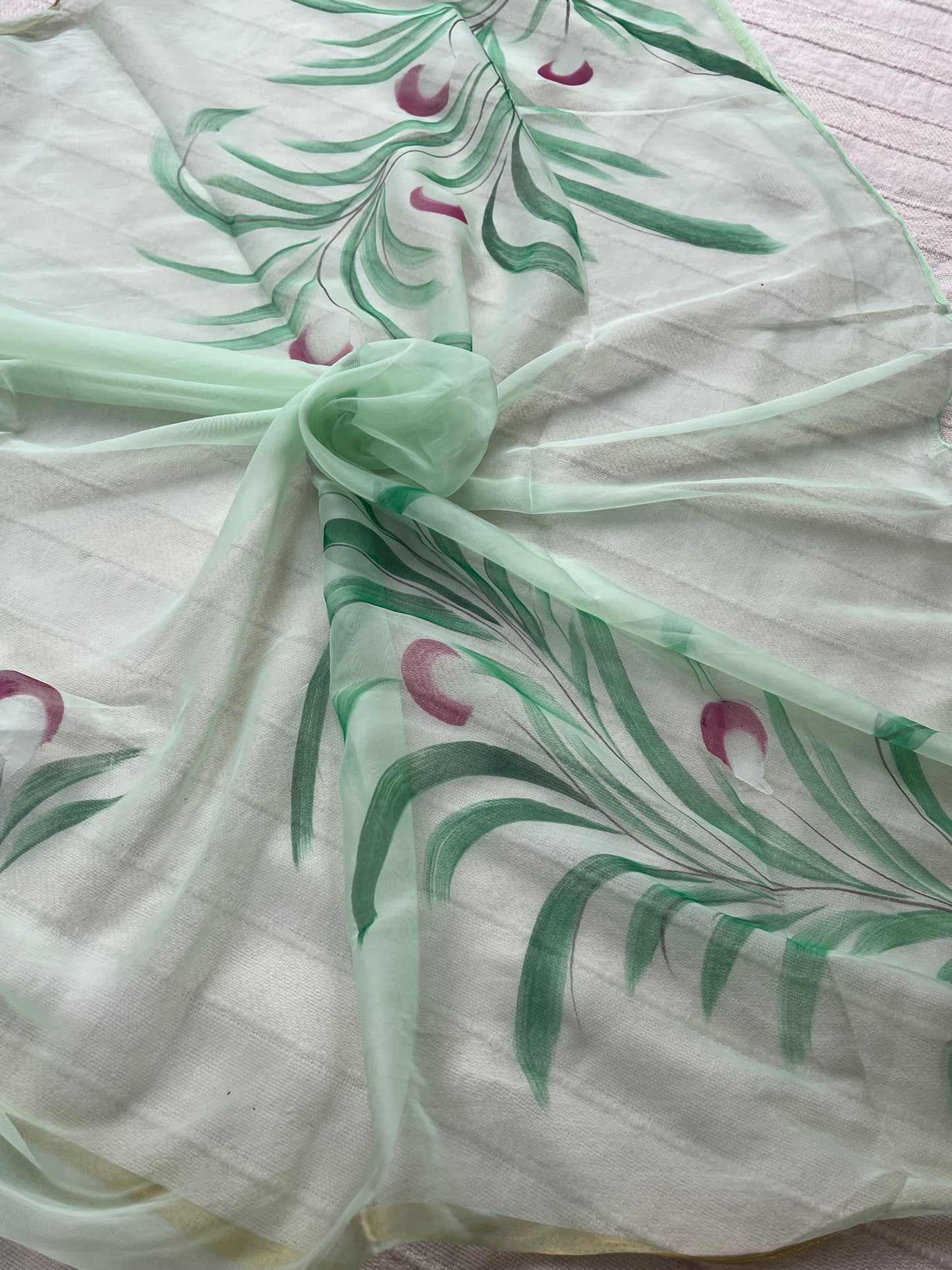 Hand-painted Chiffon Saree - Mint Green