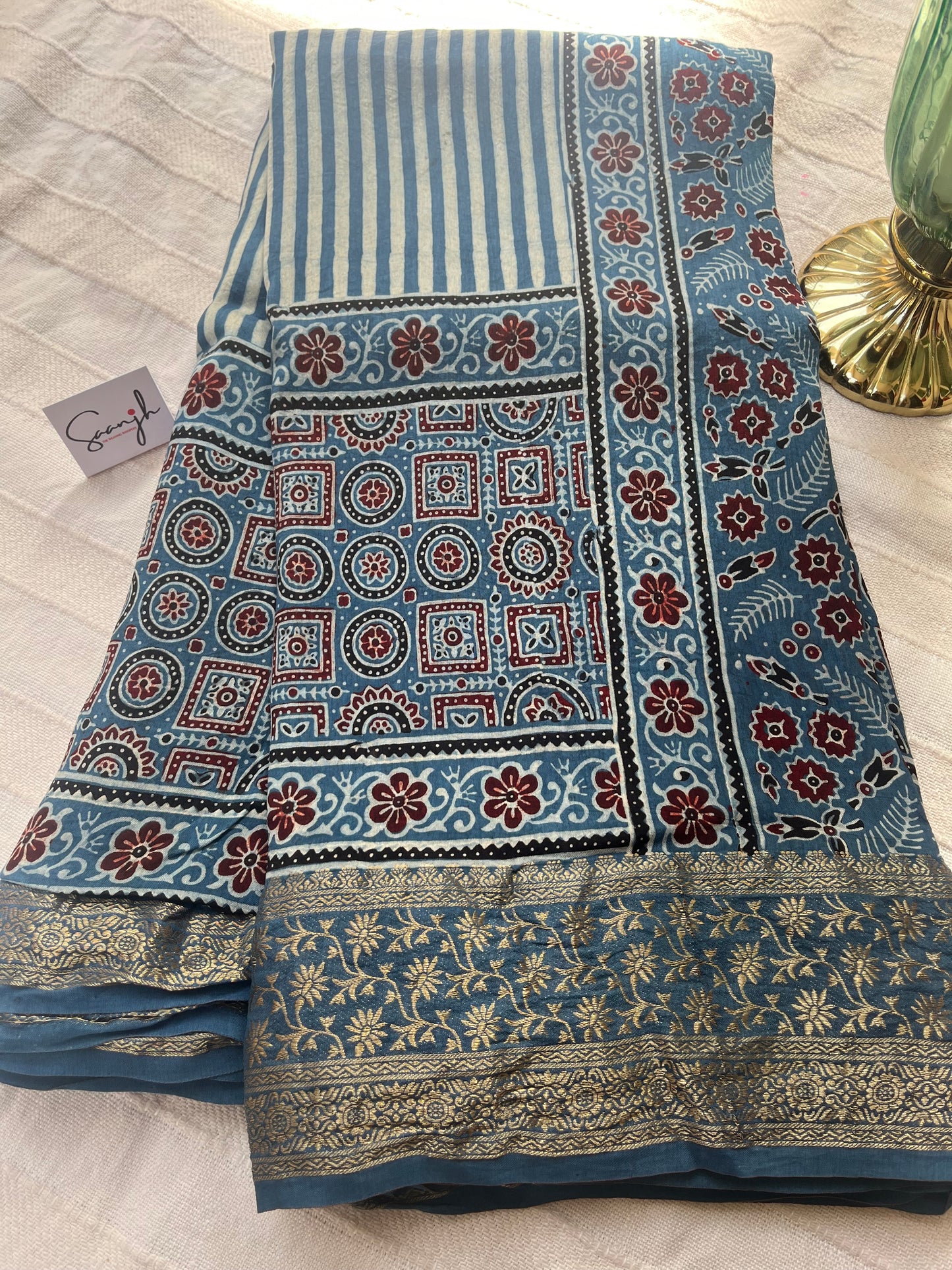 Indigo Ajrakh Dola Silk Saree - Stripes and Badam Block