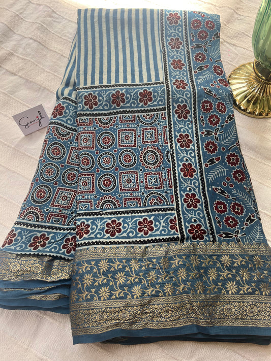 Indigo Ajrakh Dola Silk Saree - Stripes and Badam Block