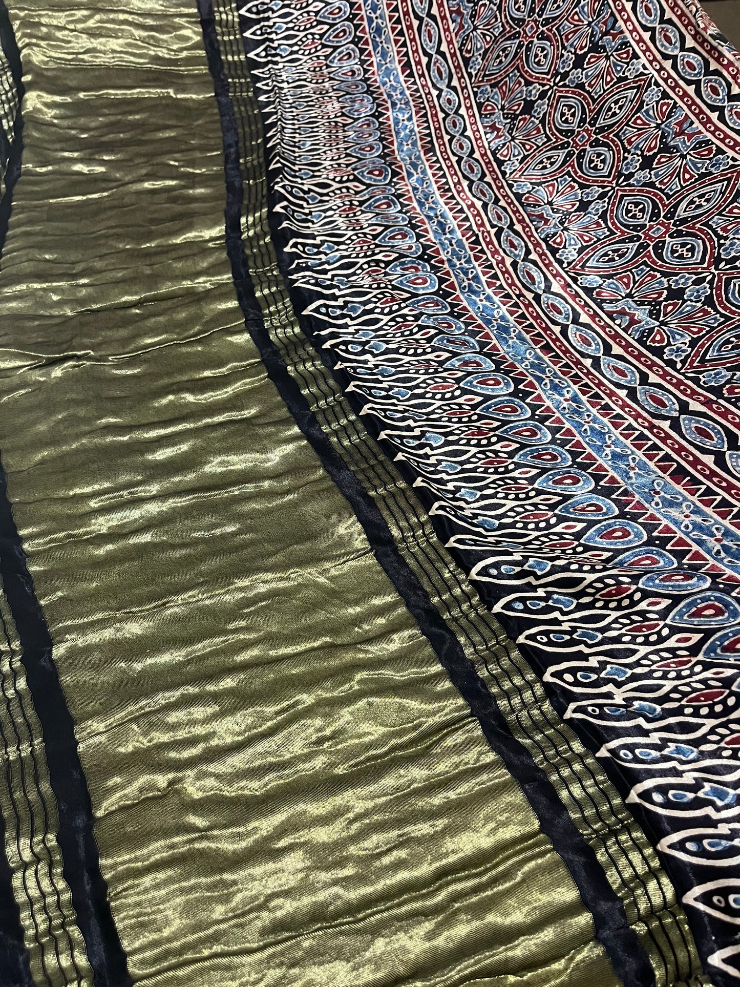 Ajrakh Modal Silk Saree with Tissue Palla - Black Stripes