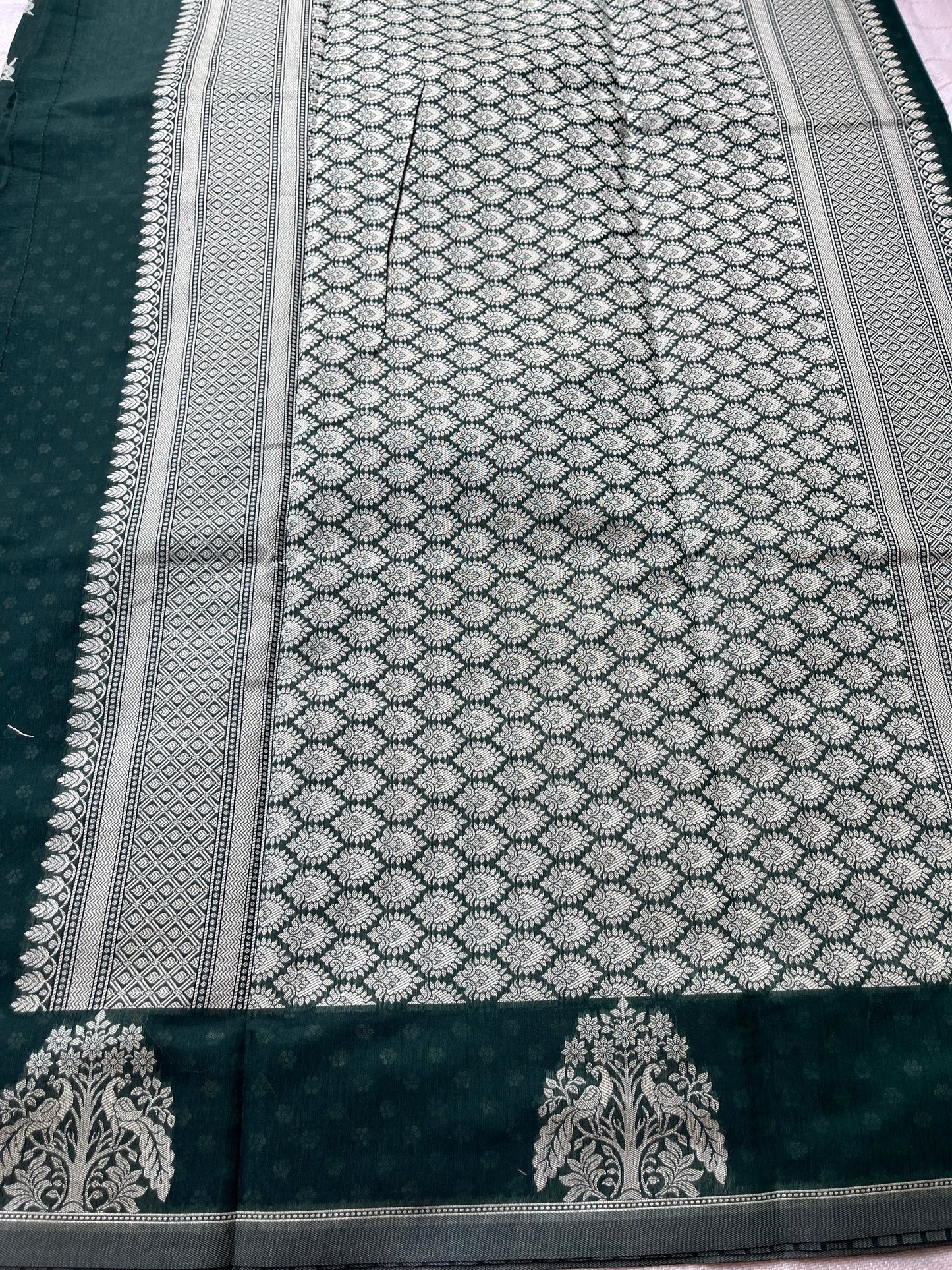 Mercerised Cotton Saree with Dear & Peacock Weaving - Dark Green