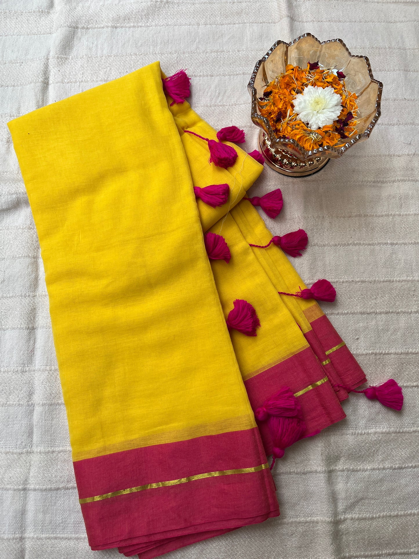 Zari Mul Cotton Saree - Yellow with Pink Border (No Blouse piece)