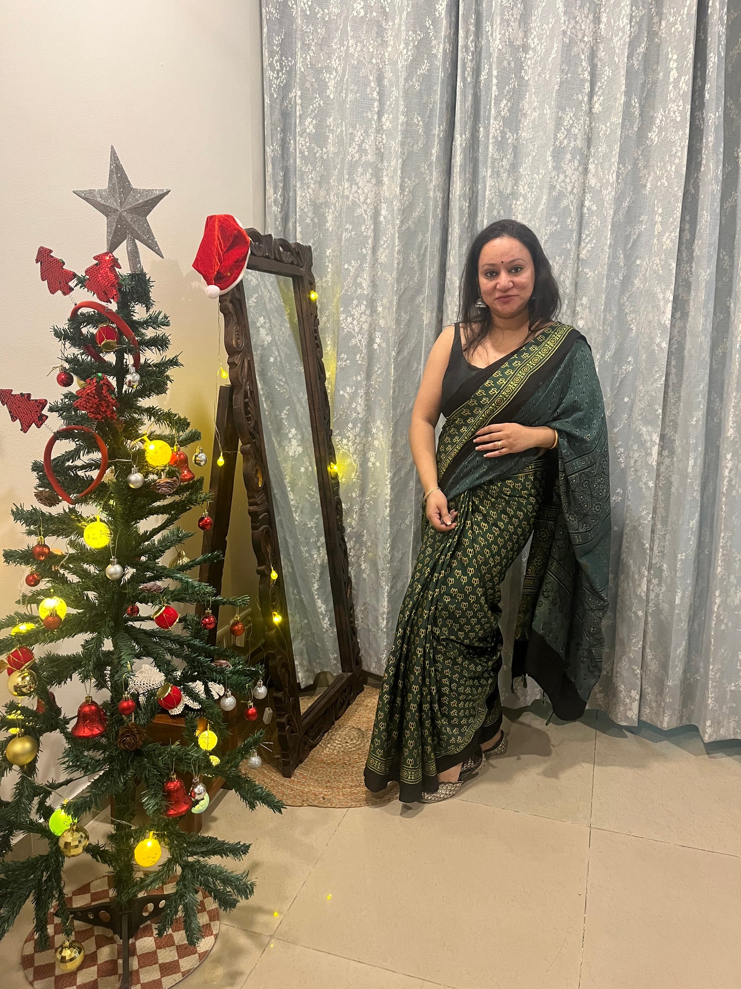 Ajrakh Modal Silk Saree - Green Lotus Print (with tasssels)
