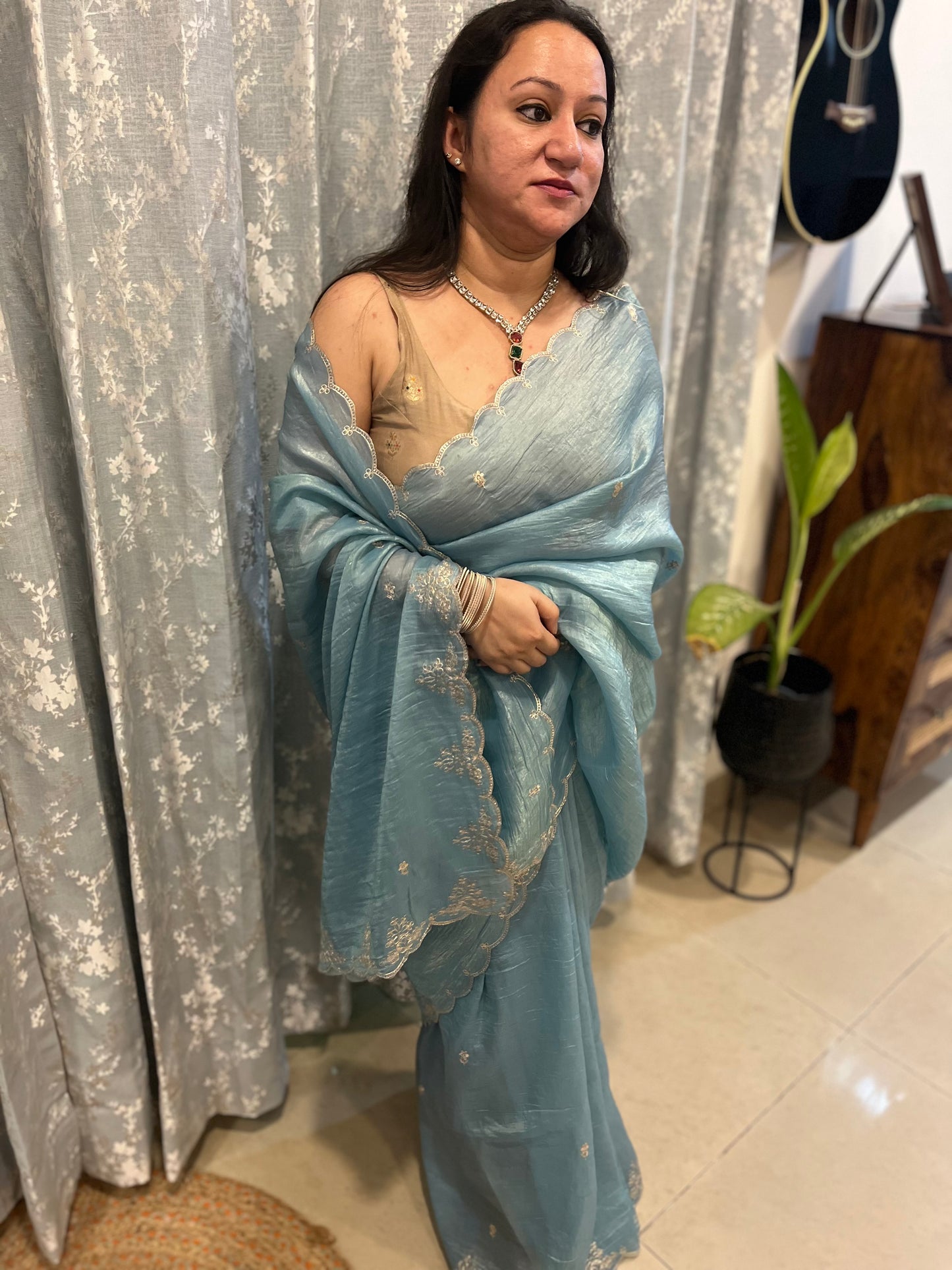 Pitta Work Crepe Tissue Saree - Aqua