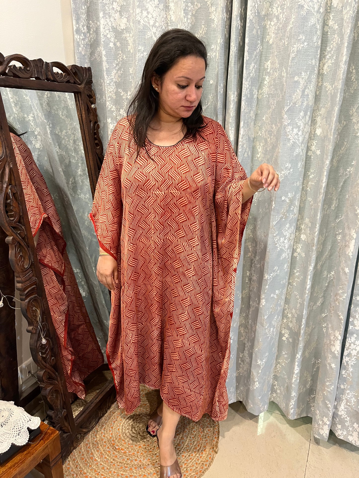 Ajrakh Modal Silk Kaftan - Red