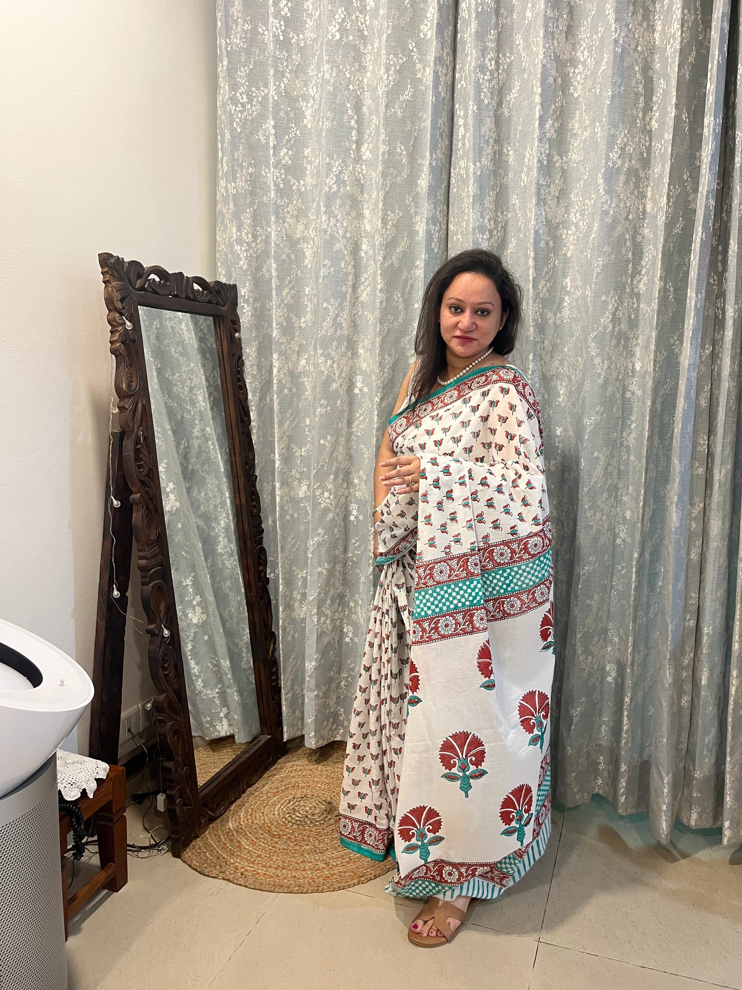 Lotus Handblock Mul Cotton Saree - White