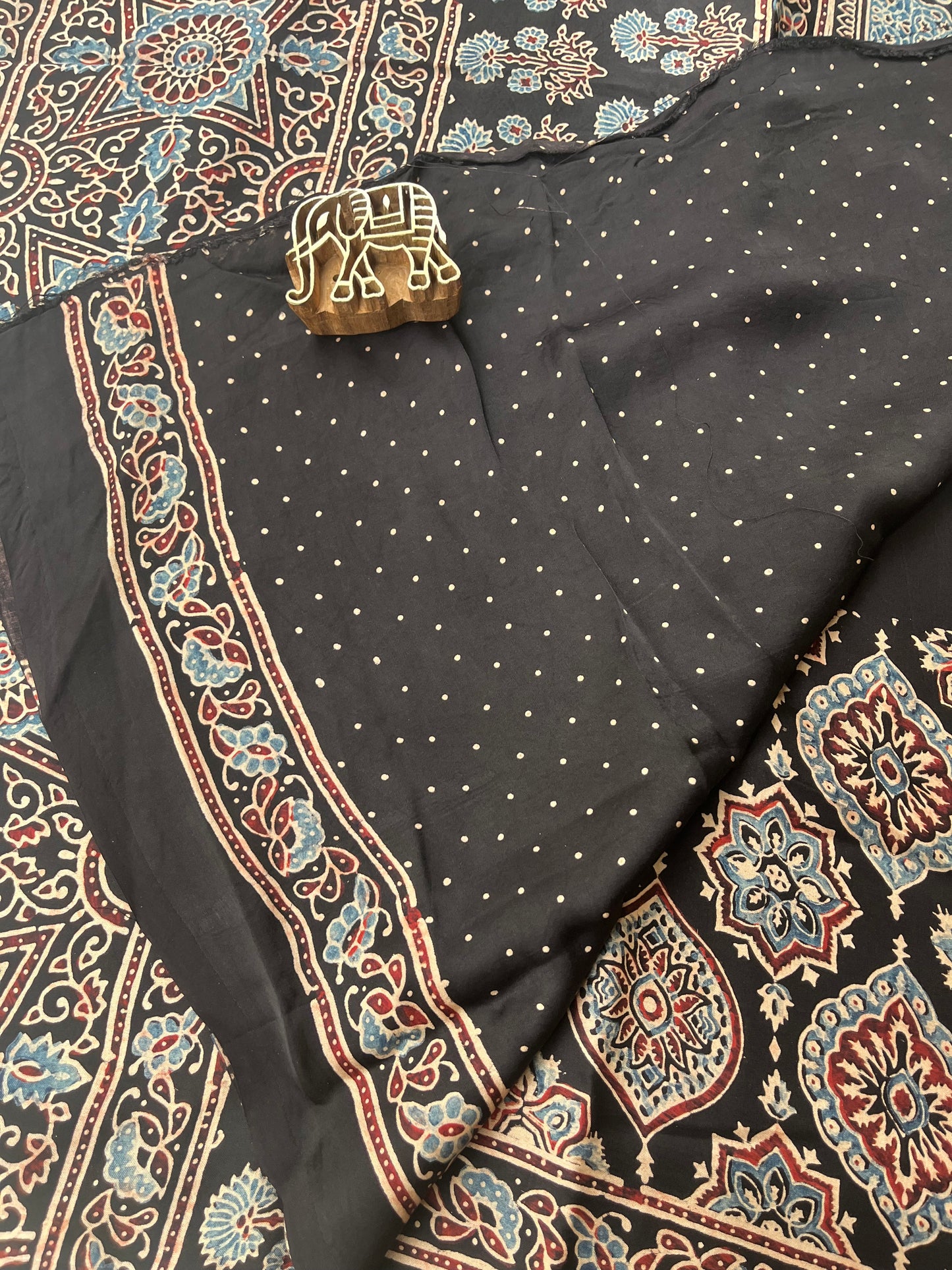 Contemporary Ajrakh Modal Silk Saree - Black Badam Butta