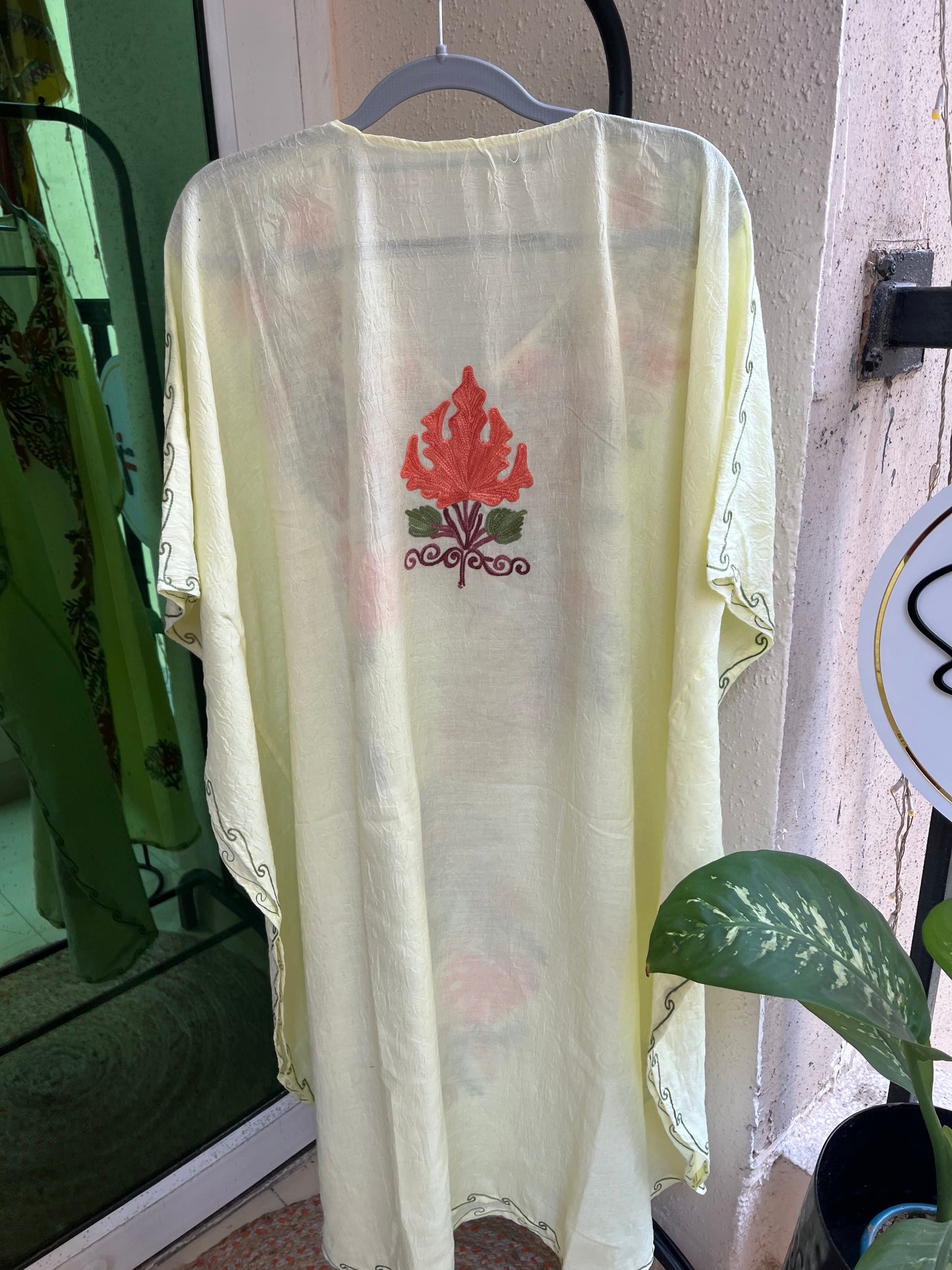 Crush Cotton Aariwork Kaftan - Lemon