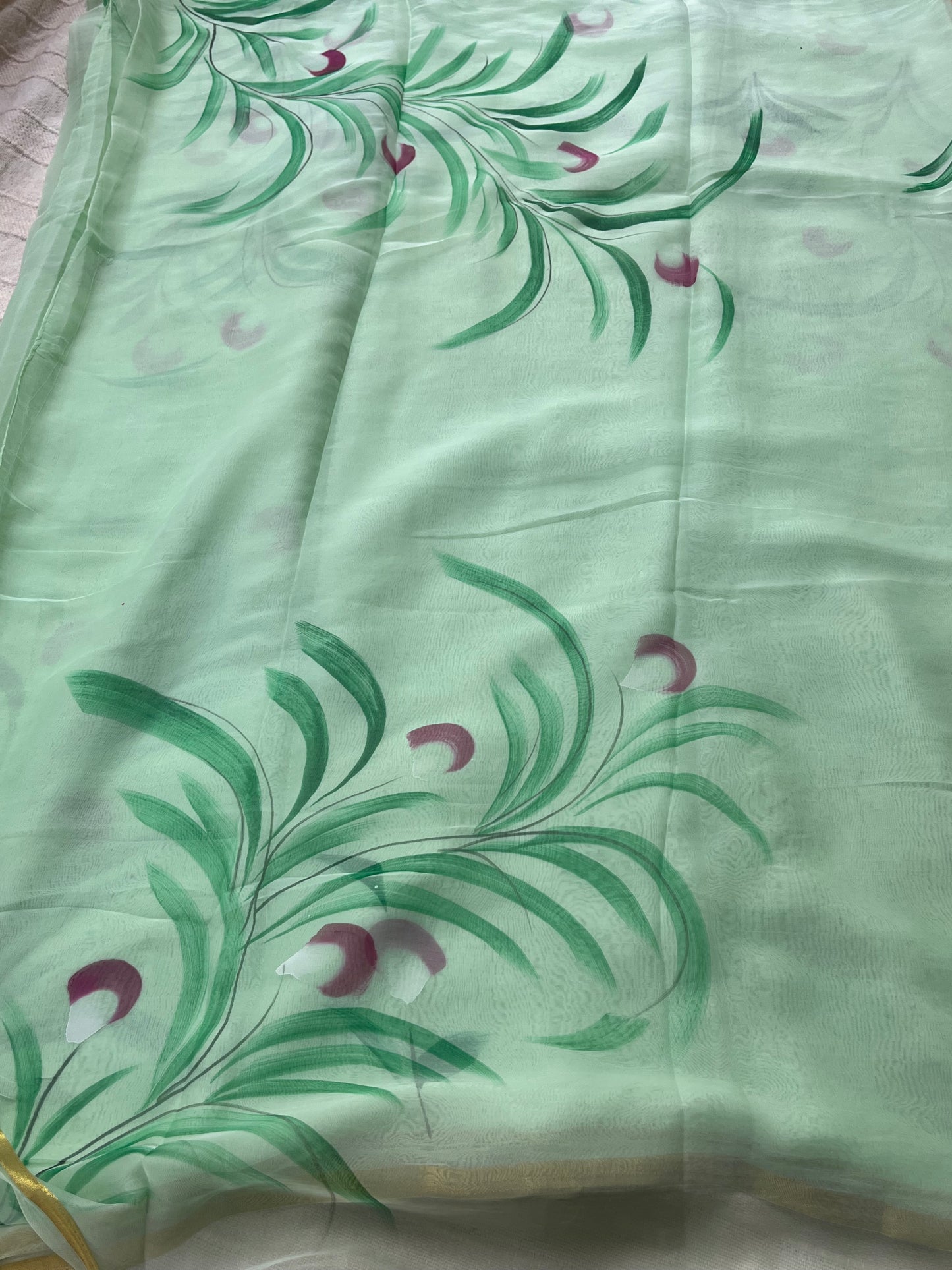 Hand-painted Chiffon Saree - Mint Green