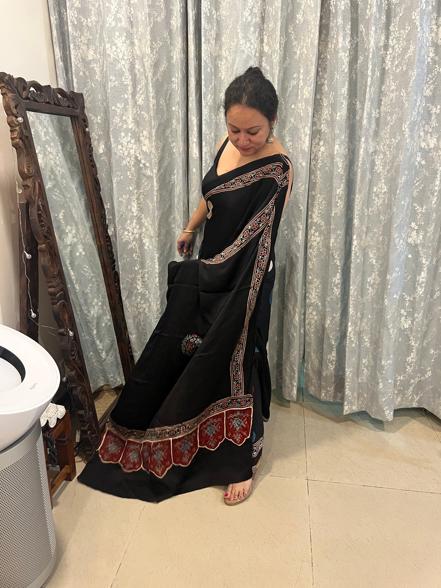 Contemporary Ajrakh Modal Silk Saree - Black Polka Dots