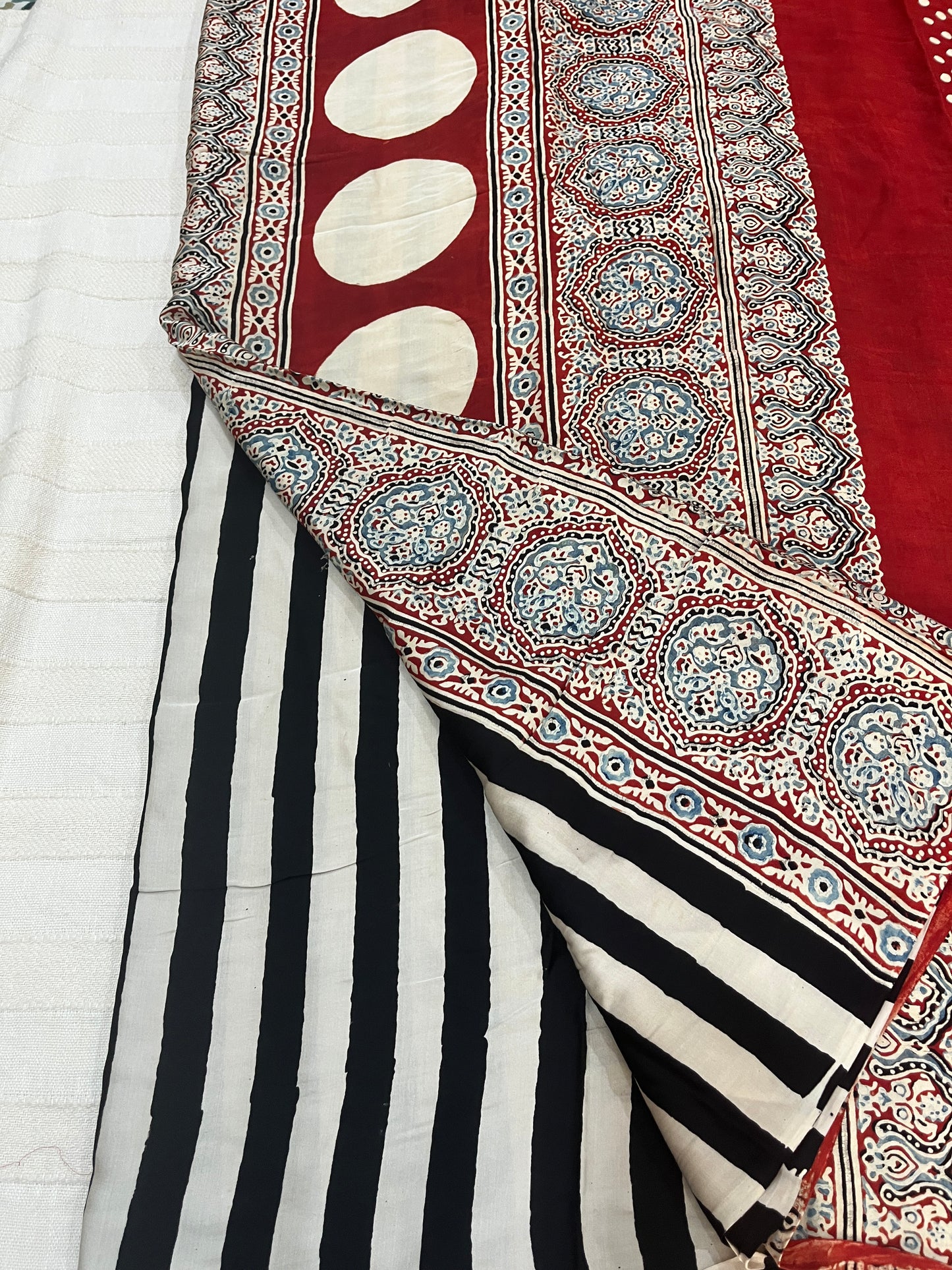 Contemporary Ajrakh Modal Silk Saree - Black Stripes with Red Palla