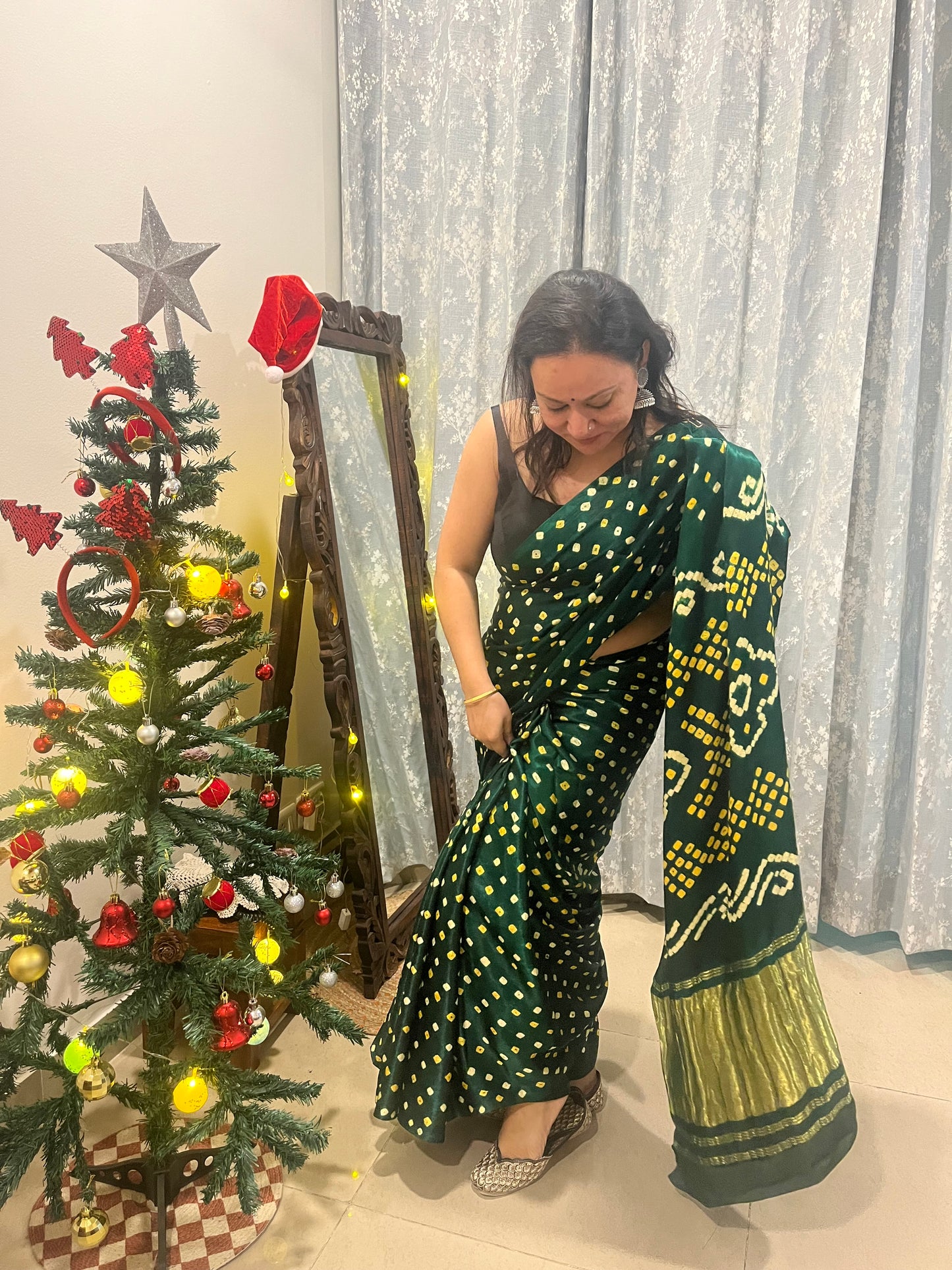 Bandhani Modal Silk saree with Tissue Palla - Bottle Green with White Yellow Bandhej