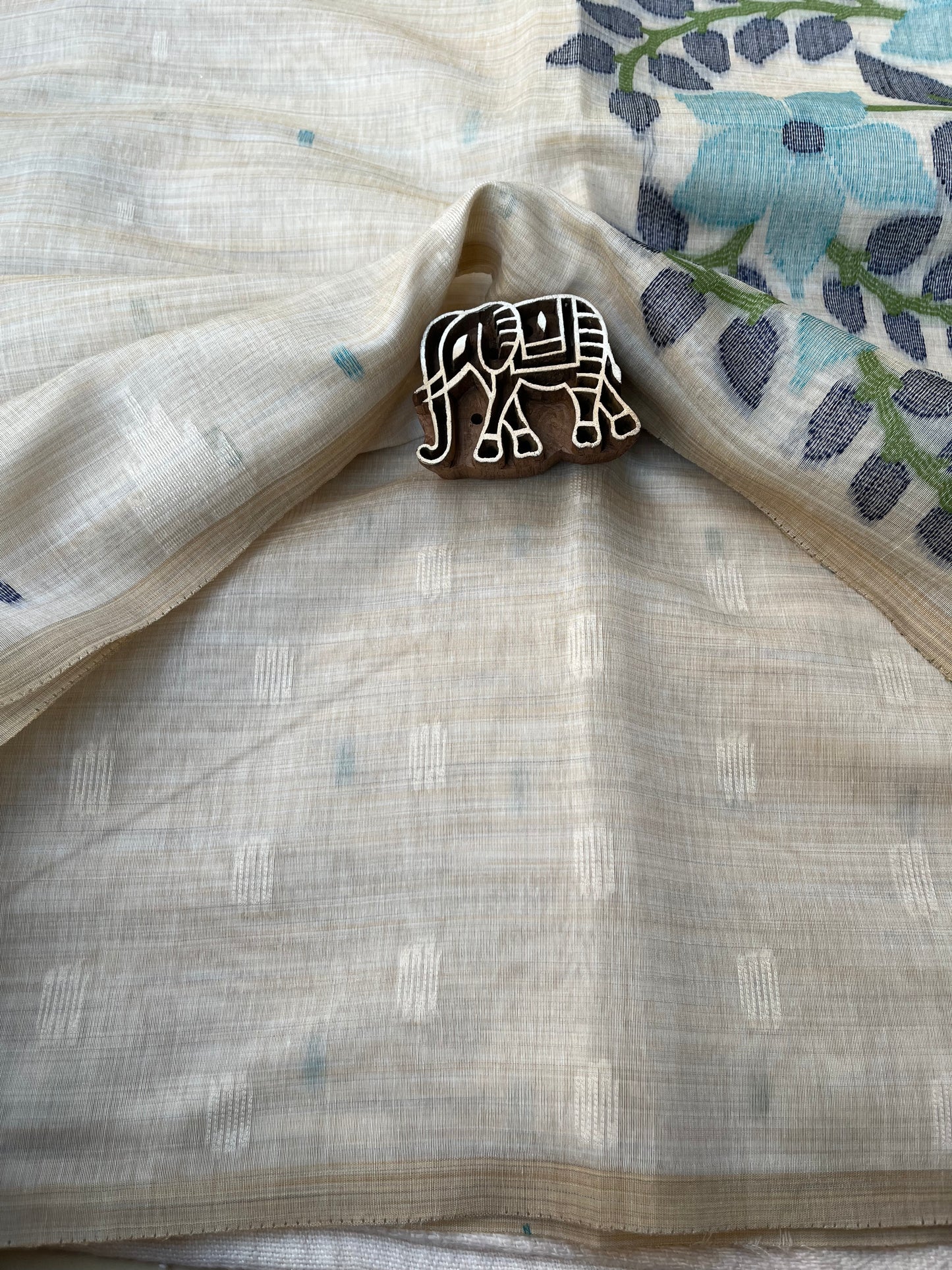 Chanderi Cotton Jamdani Saree - Ivory-Sky Blue Flower Weaving