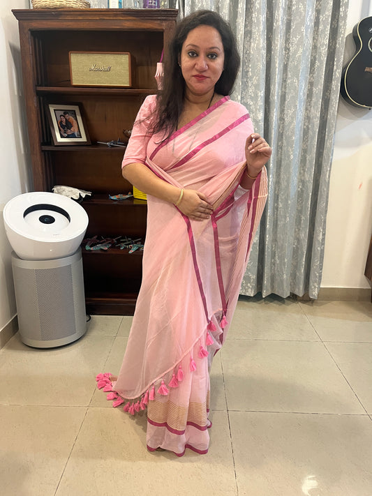 Zari Mul Cotton Saree - Baby Pink with Magenta Border (No Blouse piece)