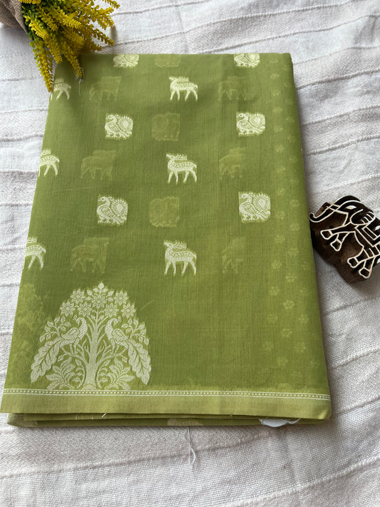 Mercerised Cotton Saree with Dear & Peacock Weaving - Mehendi Green