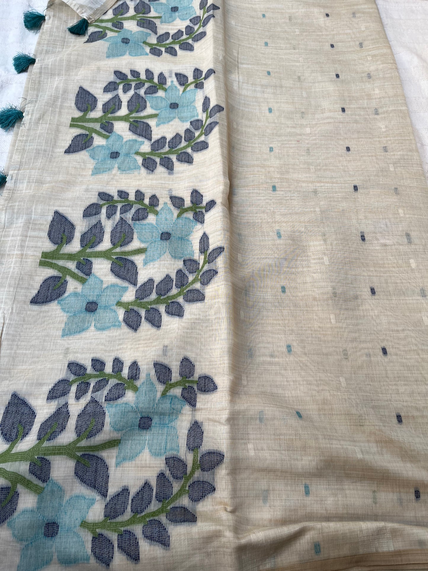 Chanderi Cotton Jamdani Saree - Ivory-Sky Blue Flower Weaving
