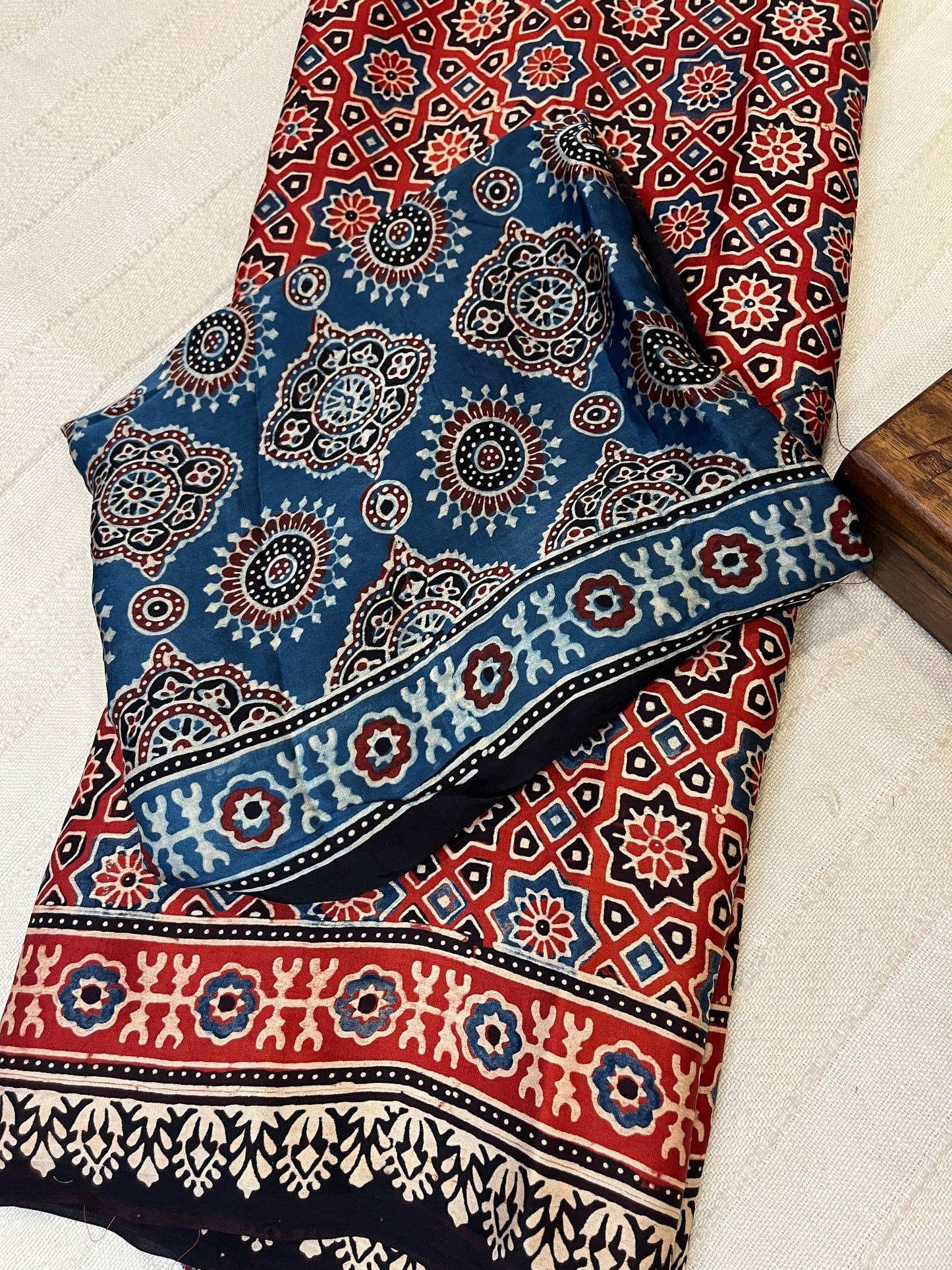 Classic Ajrakh Modal Silk Saree - Red with Indigo Palla (with tassels)