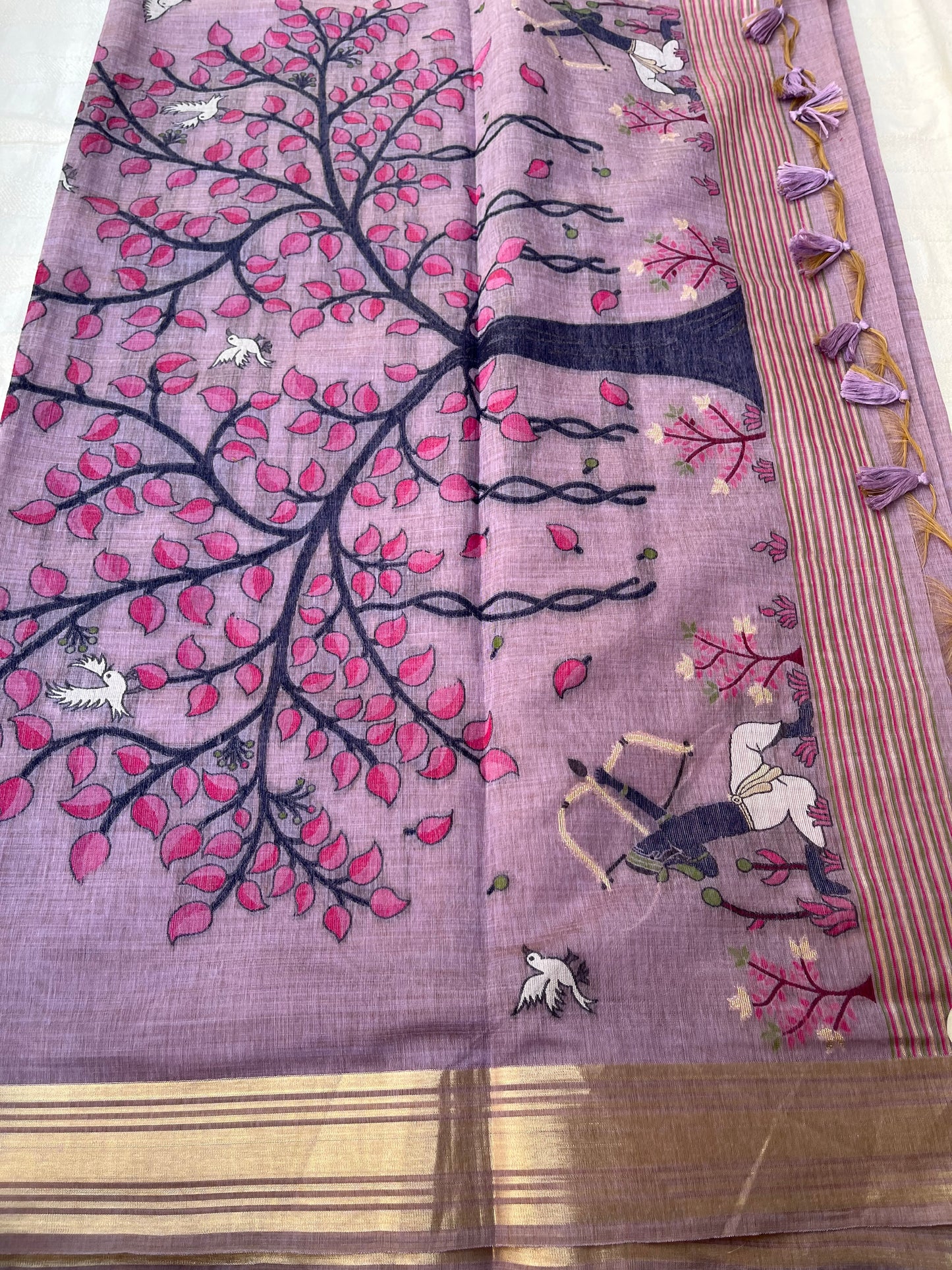 Chanderi Cotton Jamdani Saree - Lavender Shikargah