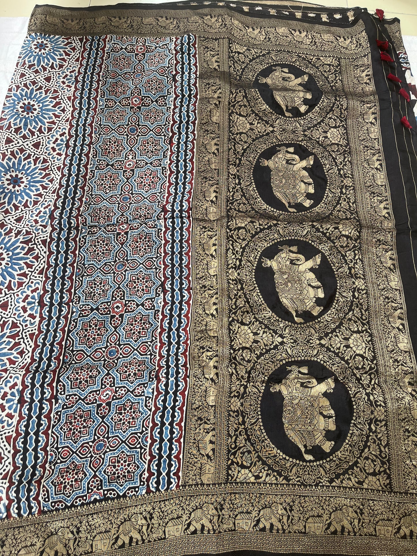 Ajrakh Dola Silk Saree - Black Geometric Pattern (with tassels)