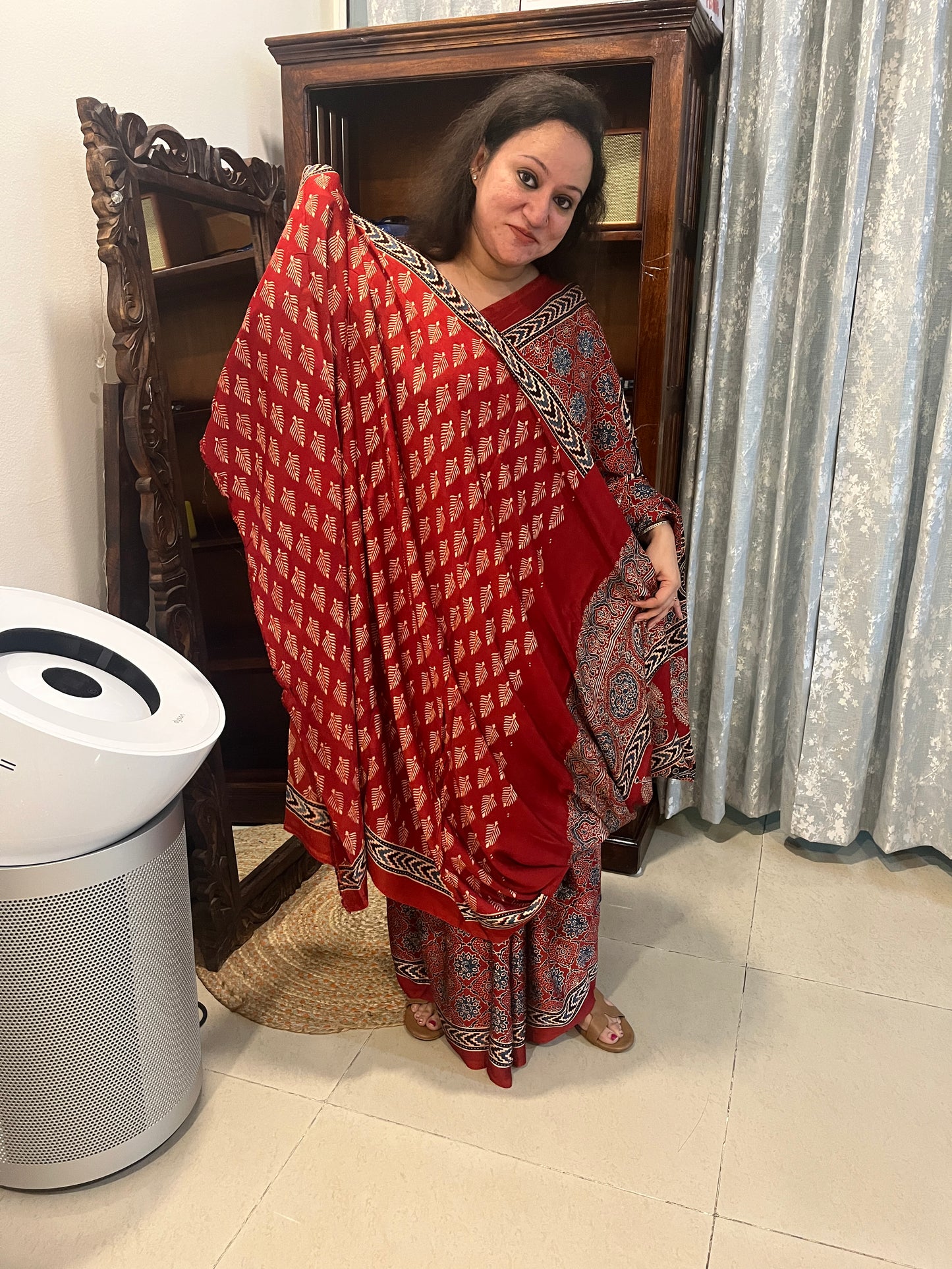 Ajrakh Modal Silk Saree - Classic Red