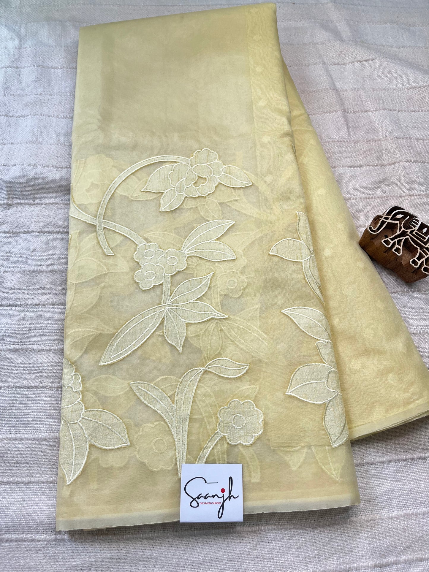 Pure Organza Applique Work Saree - Lemon