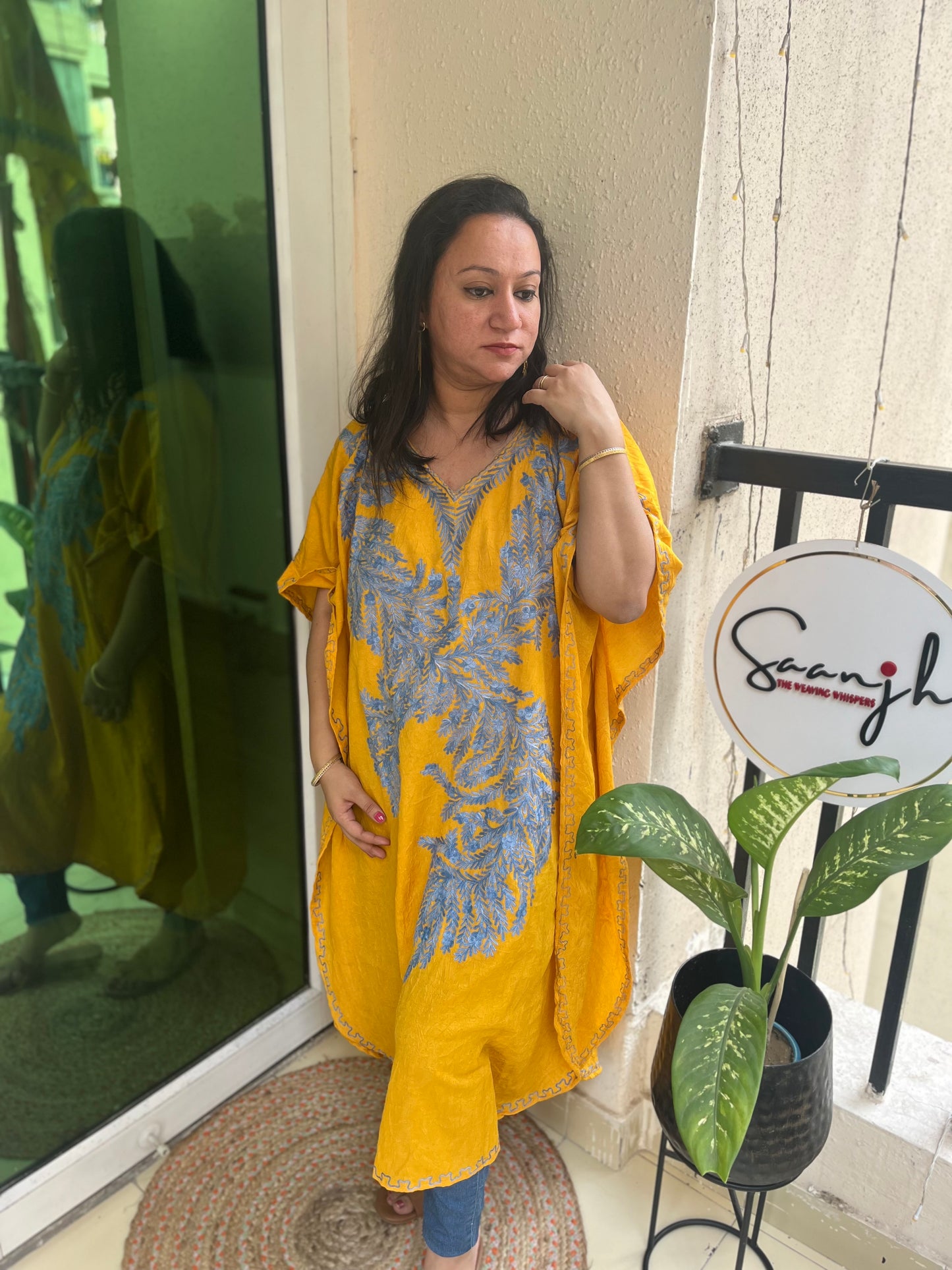 Crush Cotton Aariwork Kaftan - Yellow