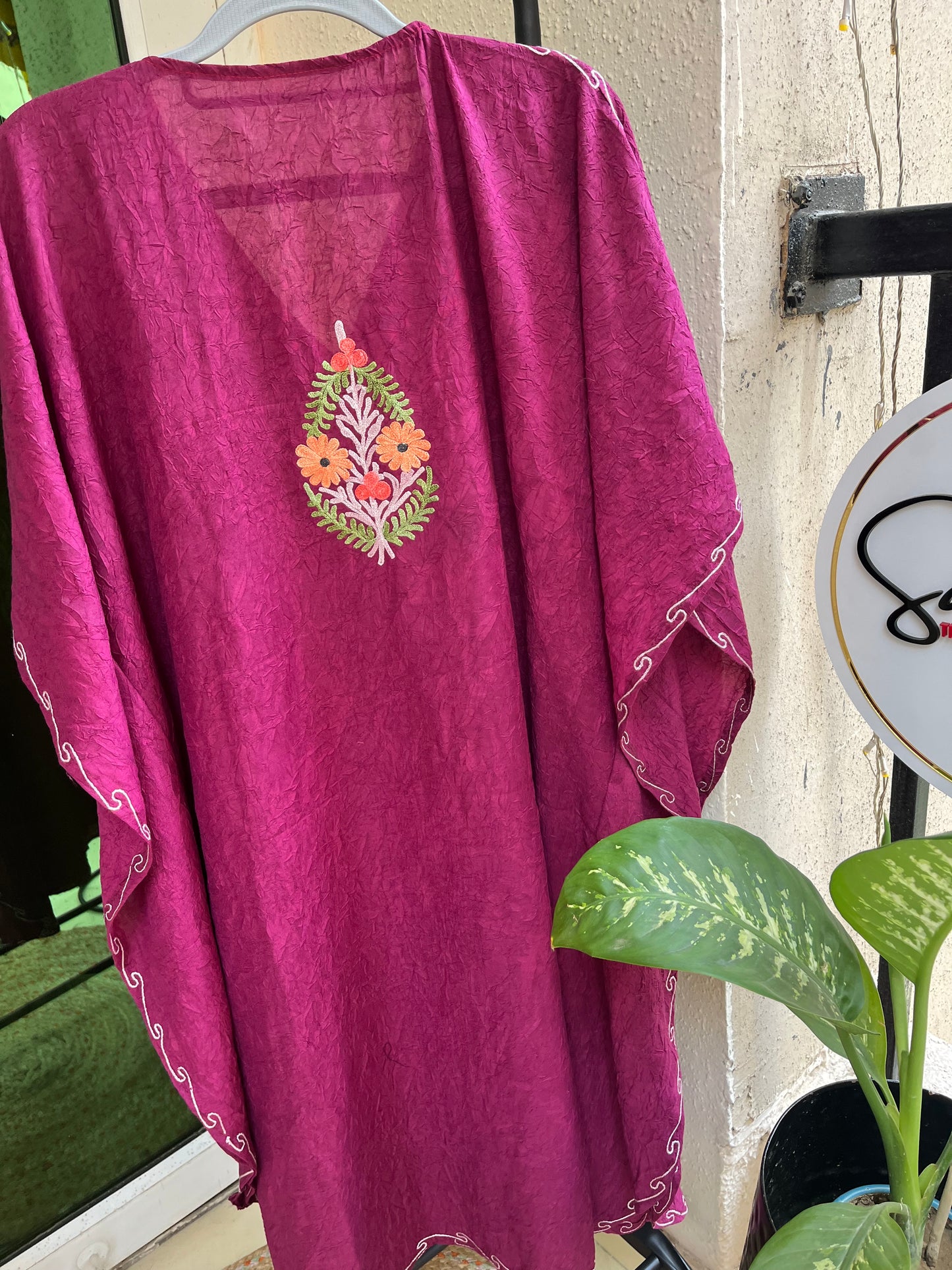 Crush Cotton Aariwork Kaftan - Wine