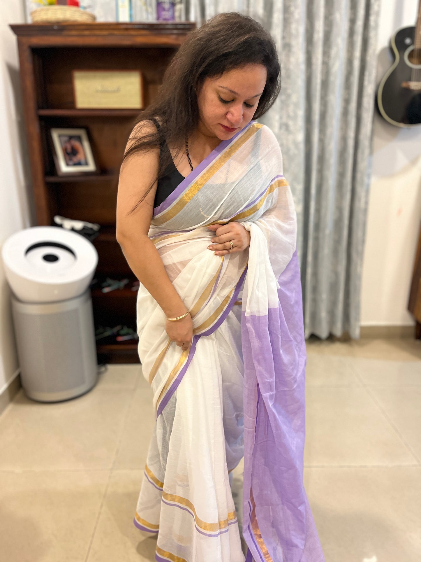 Zari Mul Cotton Saree - White with Purple Border & Pallu (No Blouse piece)
