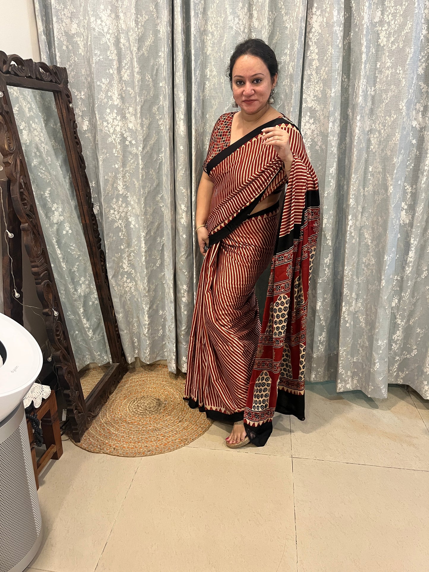Contemporary Ajrakh Modal Silk Saree -Red Stripes