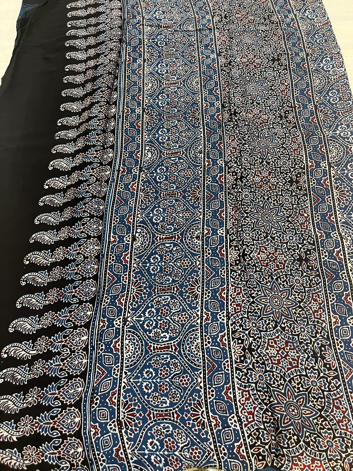 Ajrakh Modal Silk Saree - Indigo Lotus Motifs