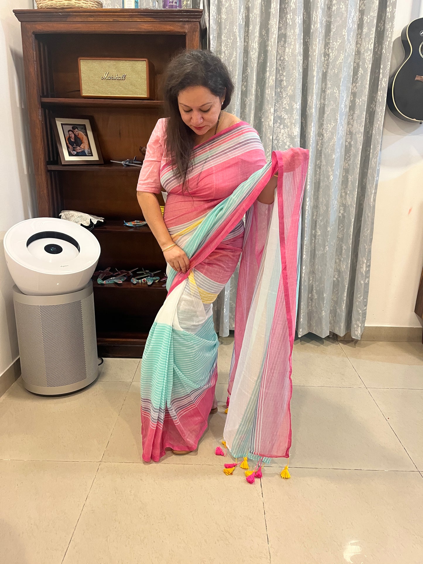 Multicolour Stripes Mul Cotton Saree (No Blouse piece)