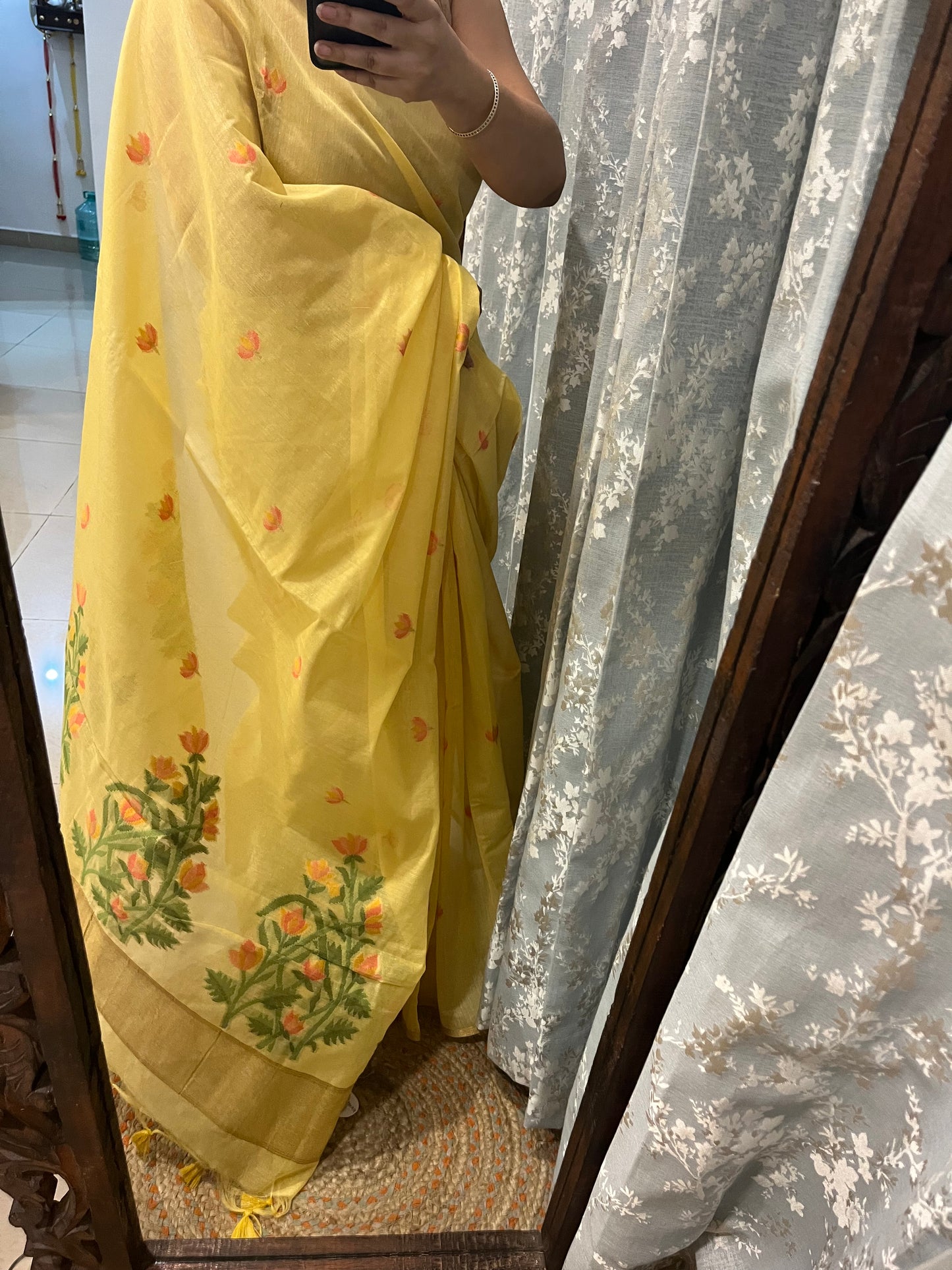 Chanderi Cotton Jamdani Saree - Lemon Yellow Lotus Motifs