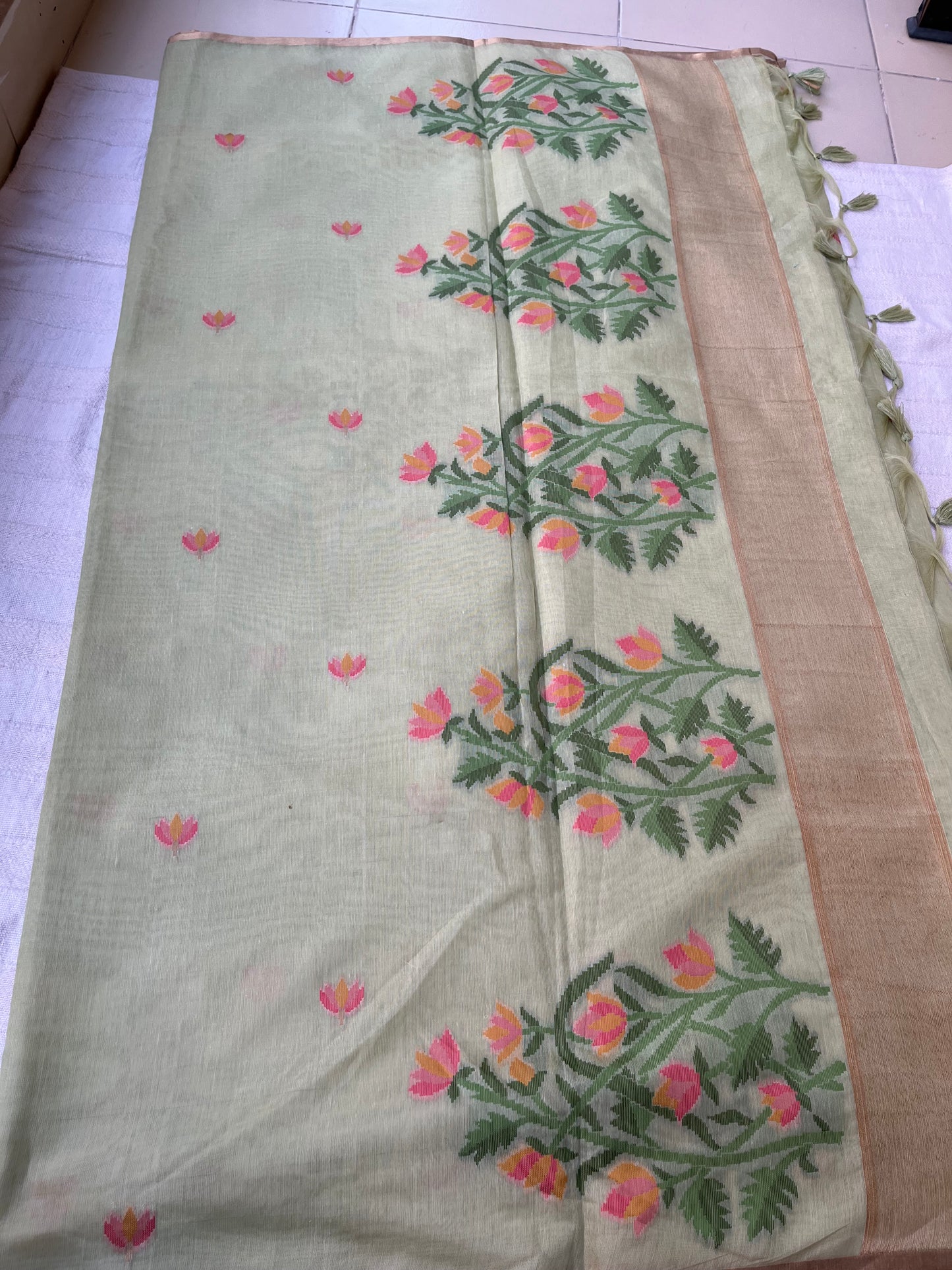 Chanderi Cotton Jamdani Saree - Pastel Green Lotus Motifs