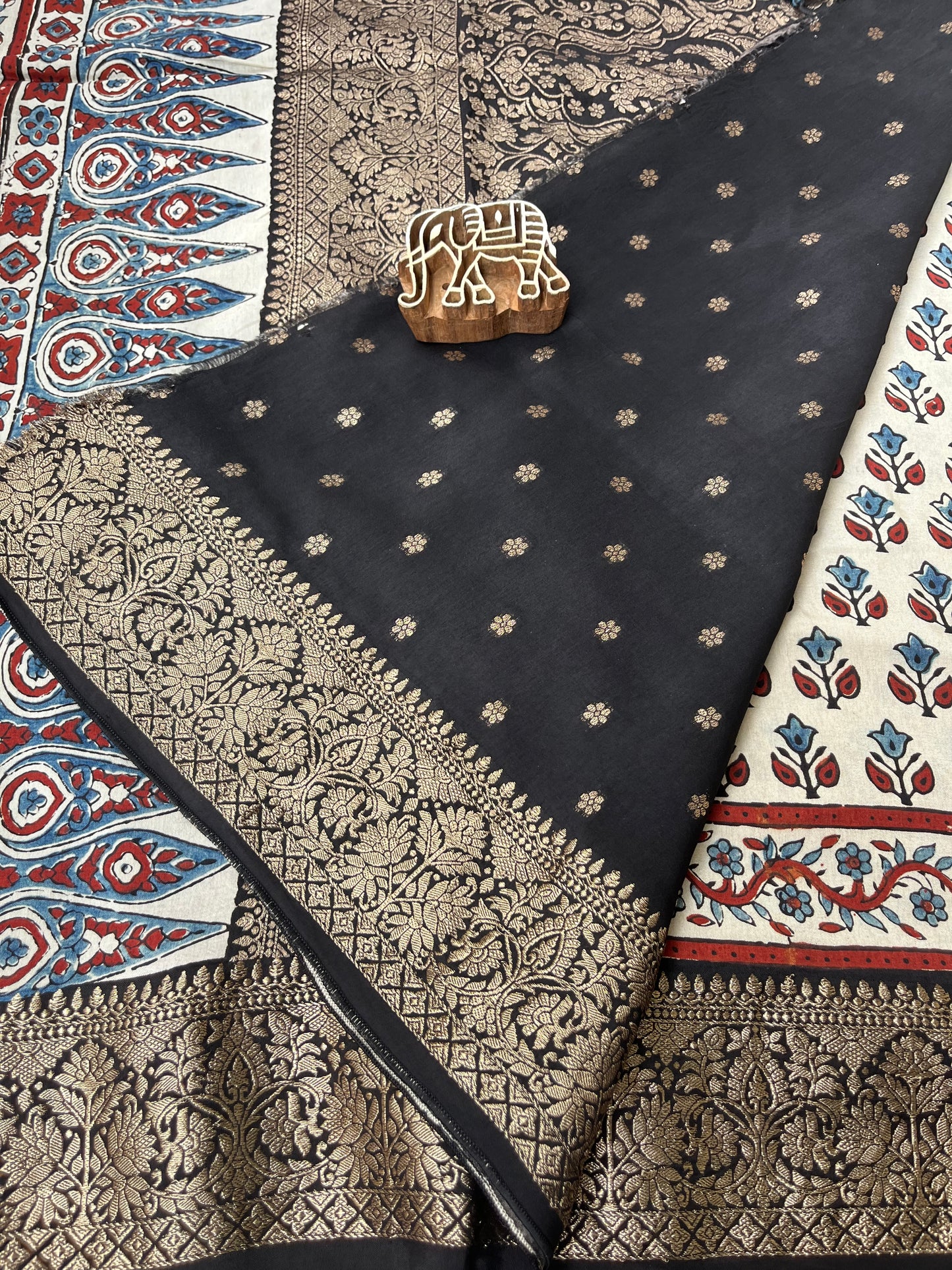 Ajrakh Dola Silk Saree - Pearl White Buttis (with tassels)