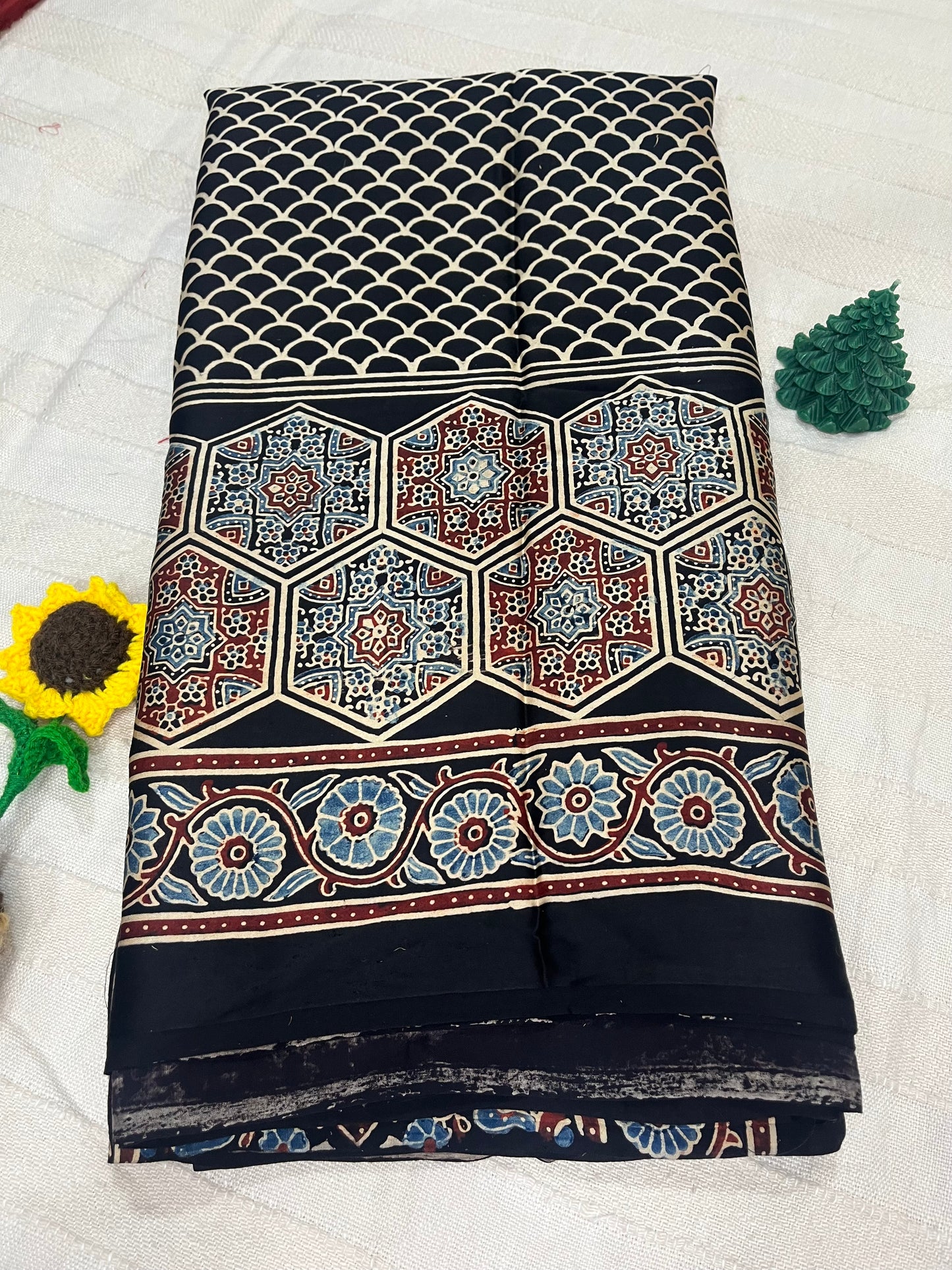 Ajrakh Modal Silk Saree - Black Cobra print