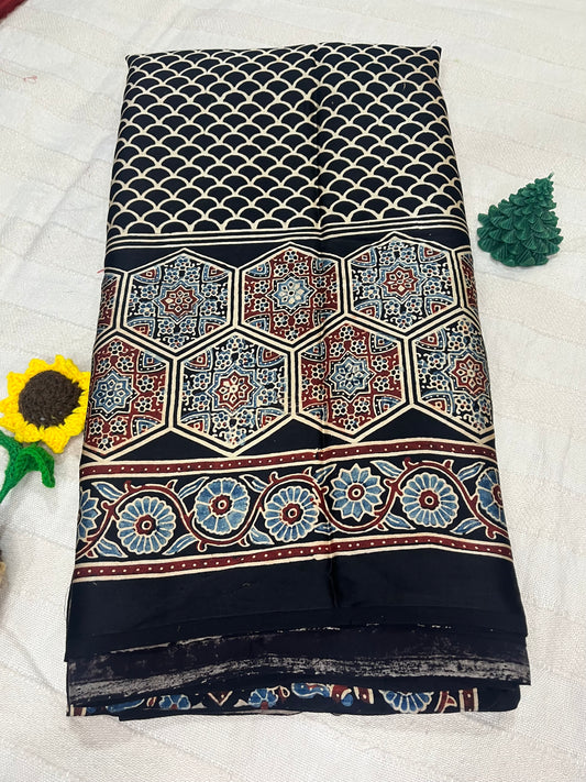 Ajrakh Modal Silk Saree - Black Cobra print