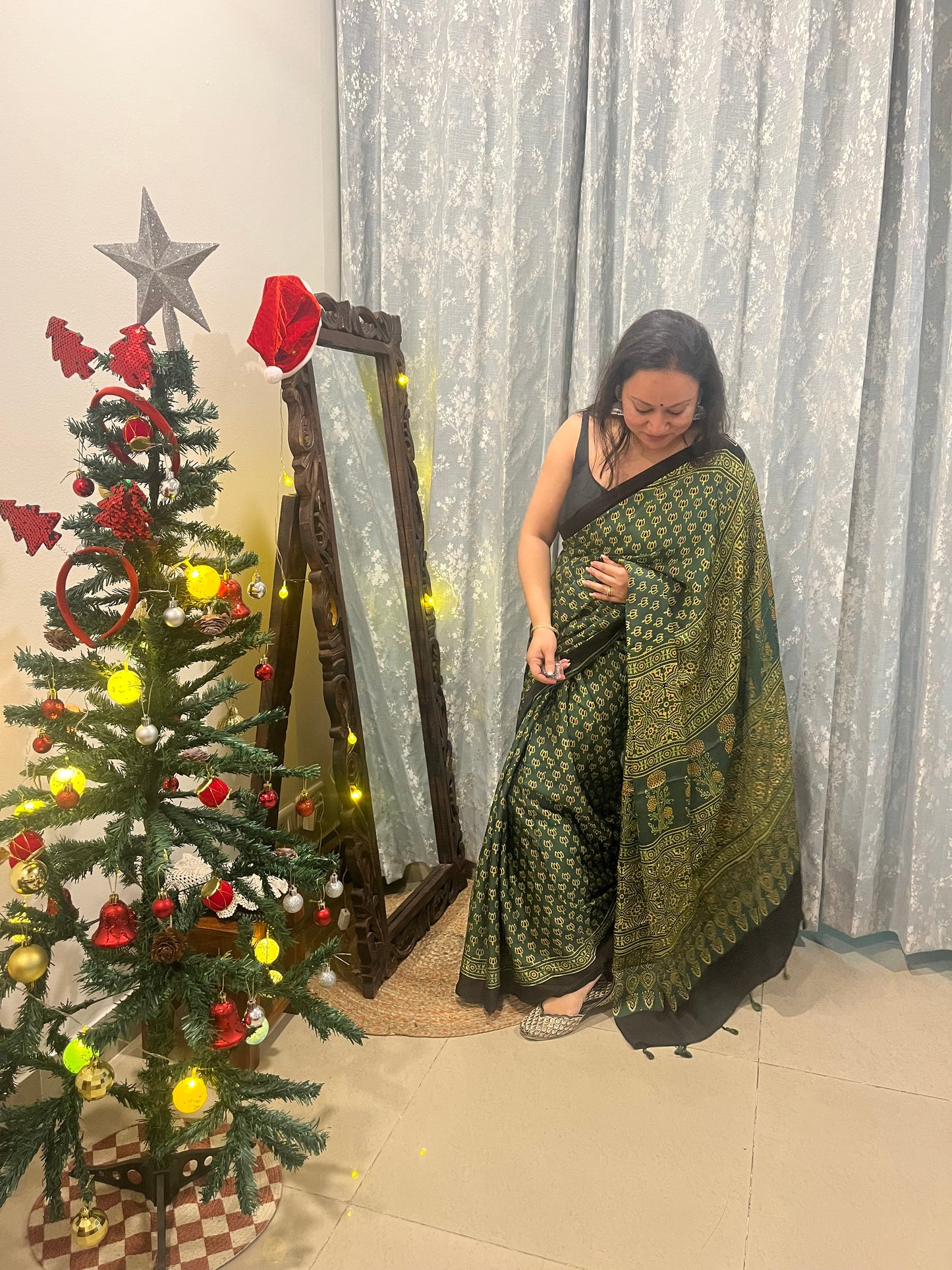 Ajrakh Modal Silk Saree - Green Lotus Print (with tasssels)