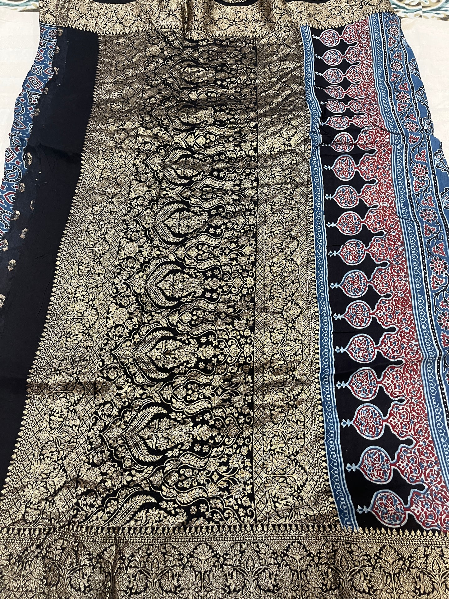 Ajrakh Dola Silk Saree - Indigo