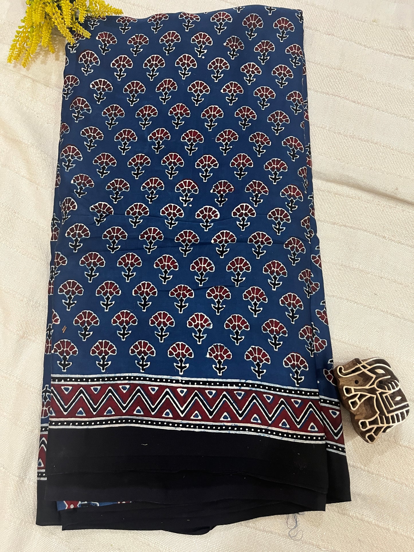 Ajrakh Modal Silk Saree - Indigo Flower Buttis