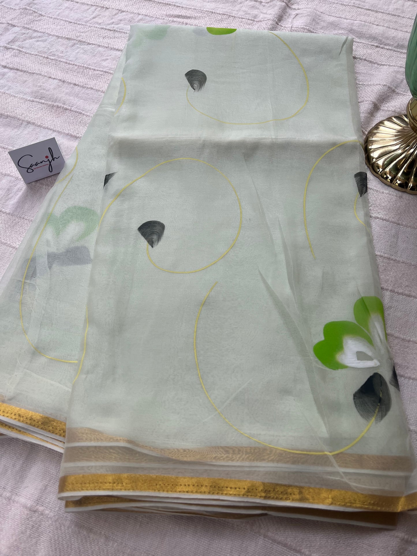 Hand-painted Chiffon Saree - Lime Green