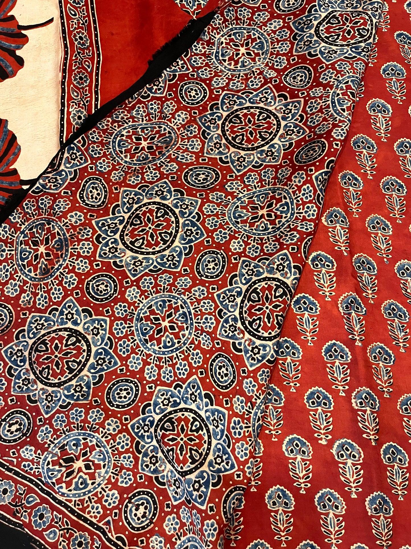 Ajrakh Modal Silk Saree - Red Buttis