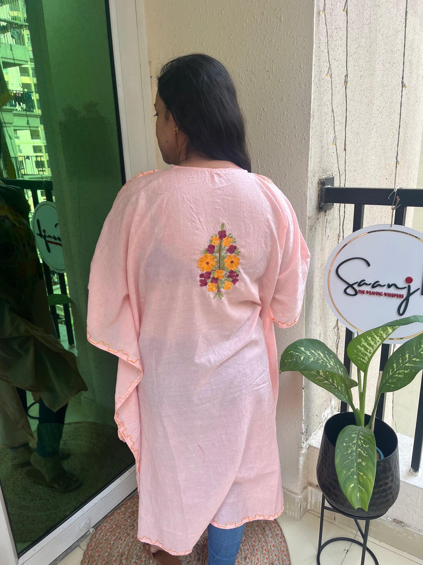 Crush Cotton Aariwork Kaftan - Baby Pink