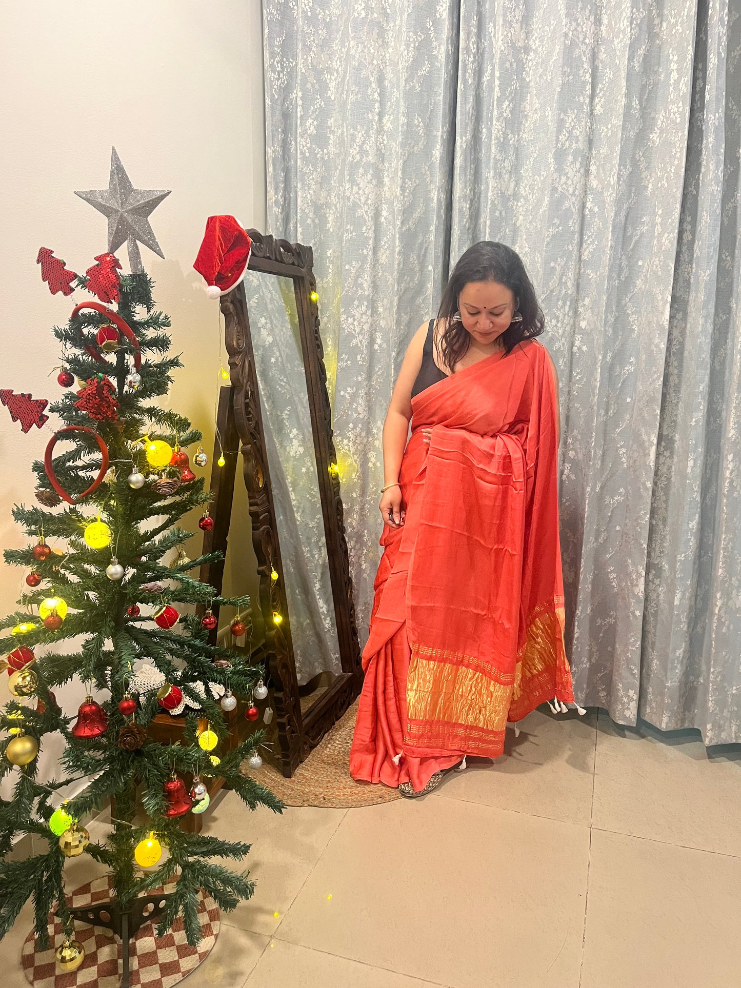 Peach Plain Modal Silk Saree with Tissue Palla and Tassels