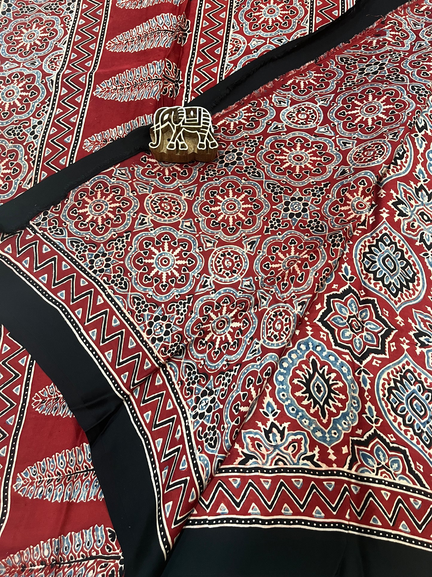 Ajrakh Modal Silk Saree -Red Badam Block