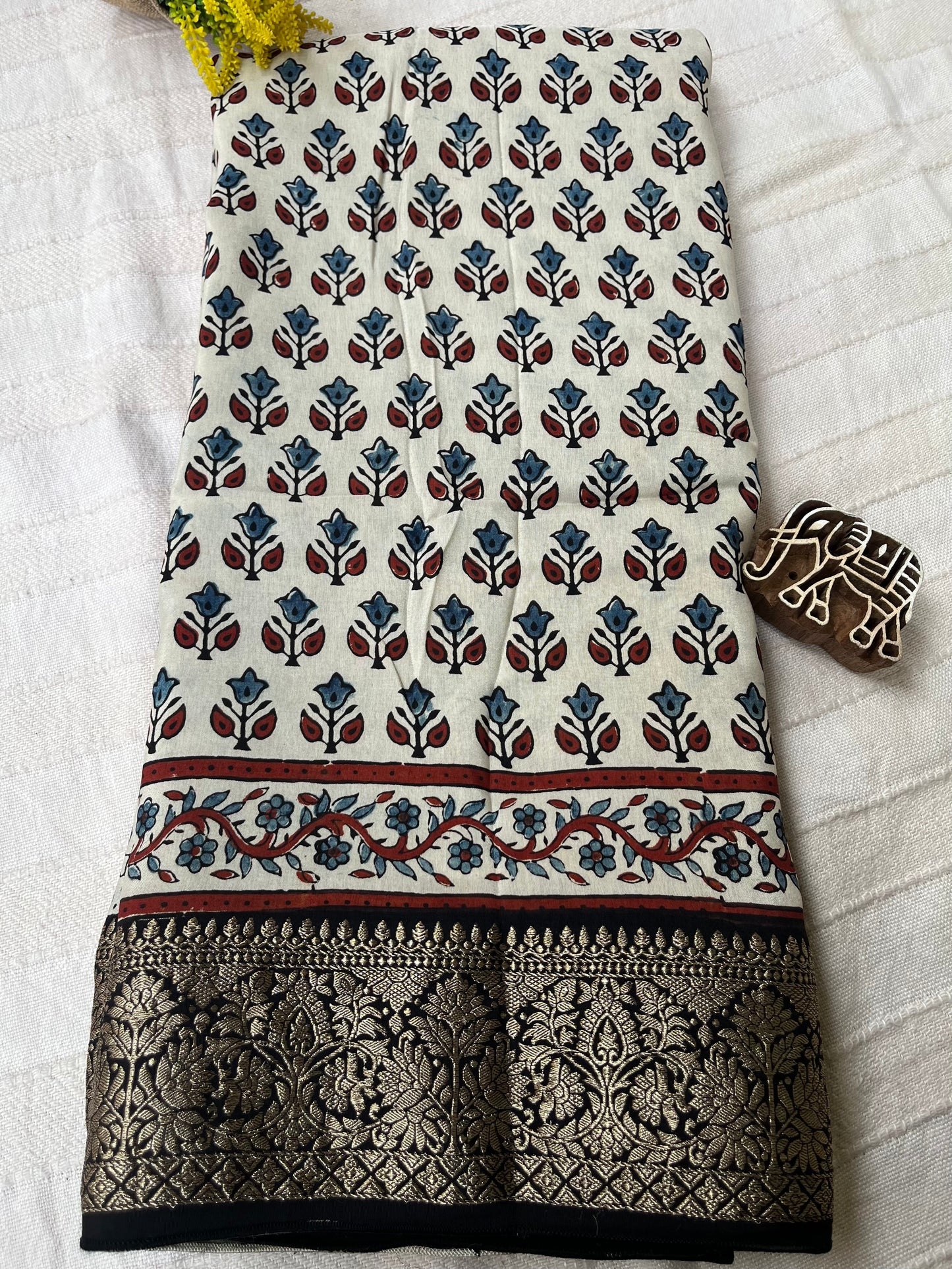Ajrakh Dola Silk Saree - Pearl White Buttis (with tassels)